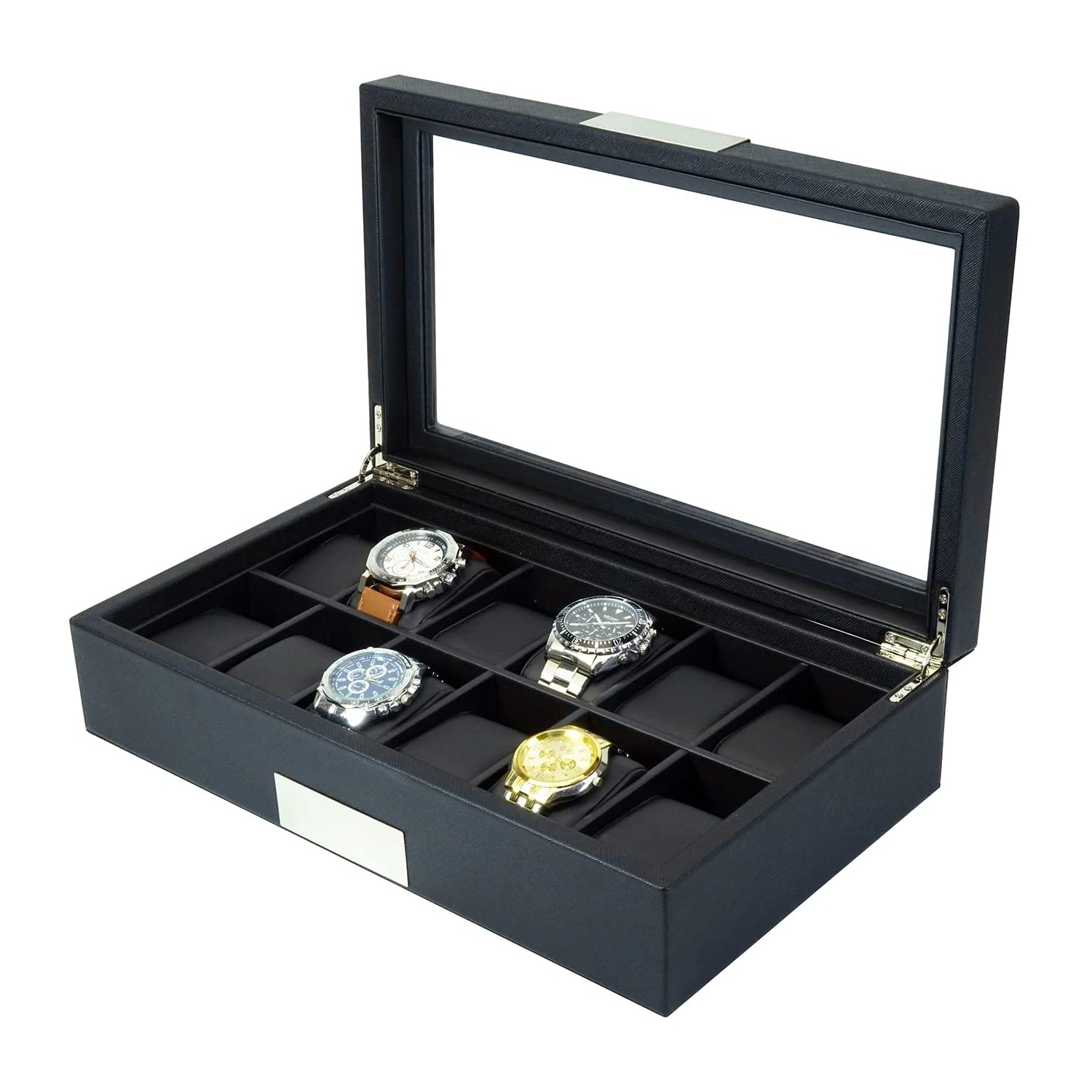 12 Slots MDF & PU Leather Watch Display Case Glass Top Jewelry Collection Storage Box Organizer Men/Women