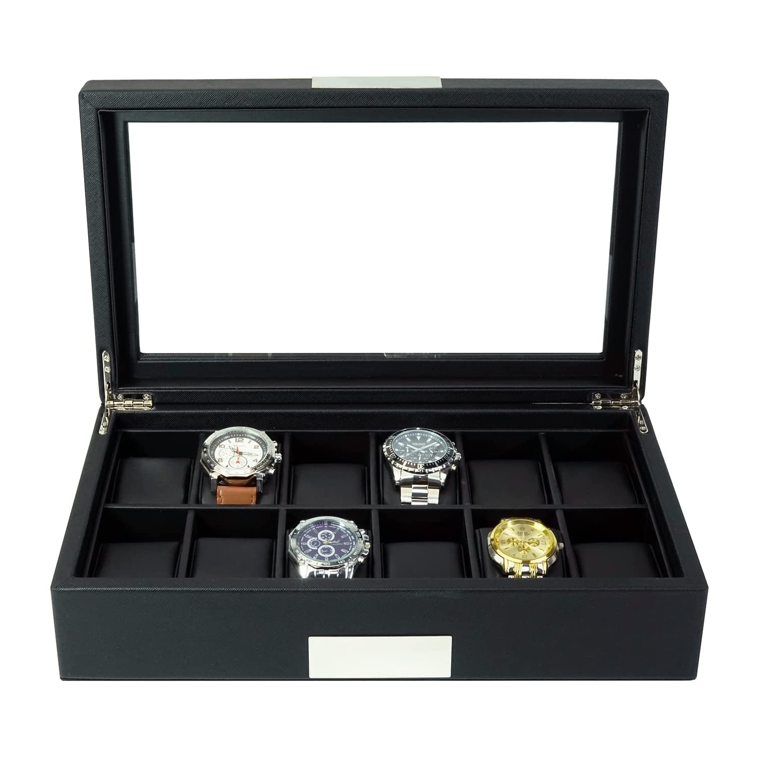 12 Slots MDF & PU Leather Watch Display Case Glass Top Jewelry Collection Storage Box Organizer Men/Women