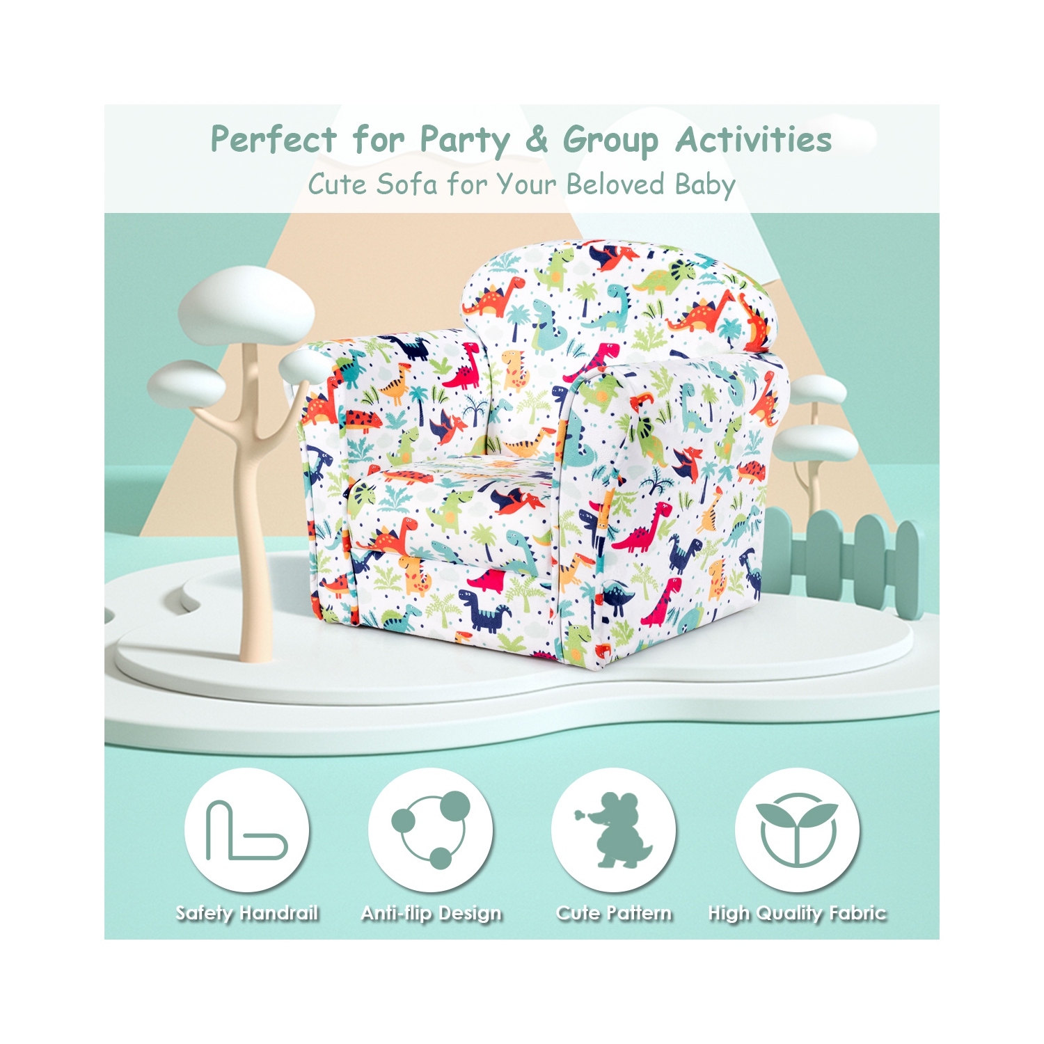 Topbuy Single Sofa Children Armrest Chair Dinosaur Pattern Kids Seat Lovely Gift