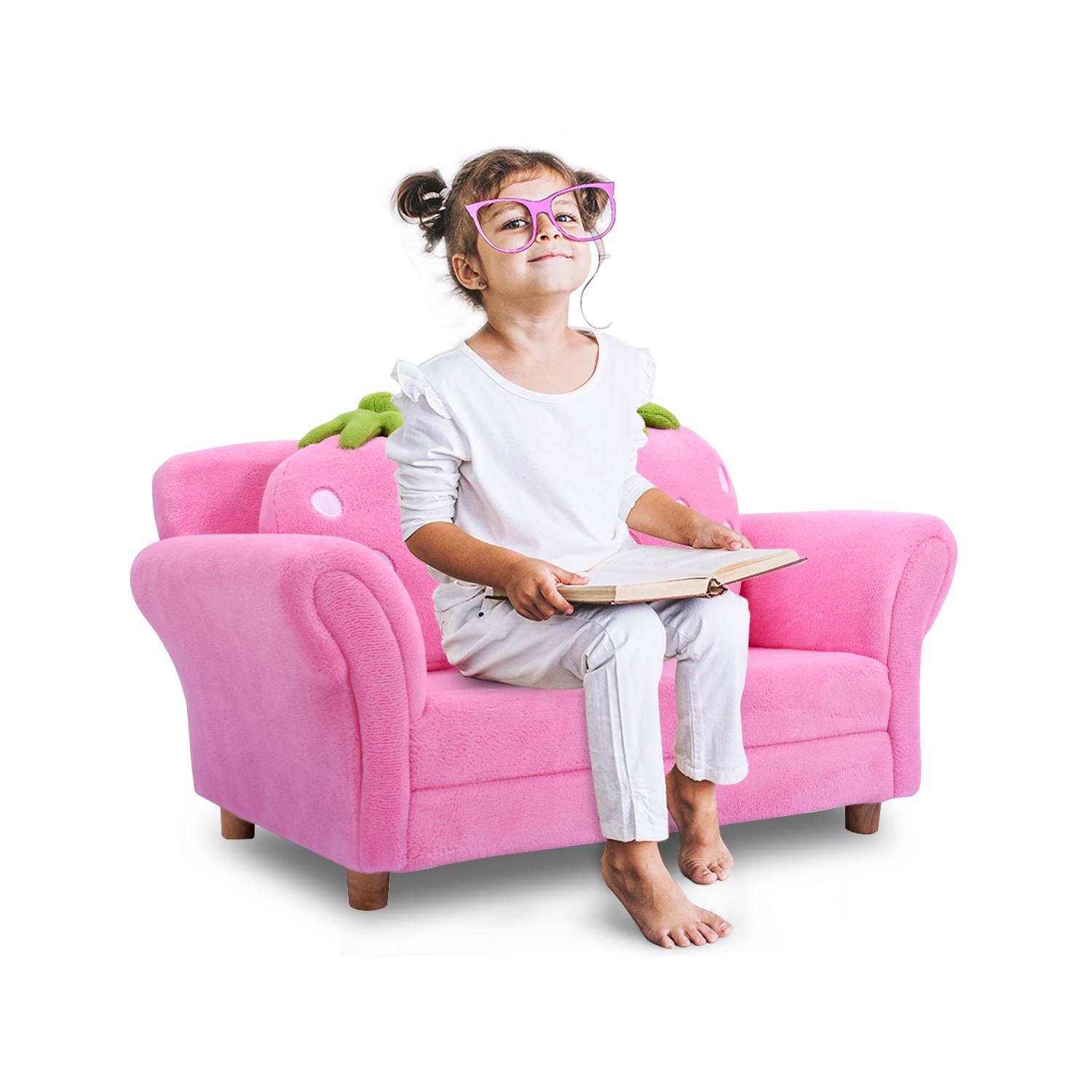 Topbuy Kids Sofa Cute Pink Sofa Strawbwrry Sponge Filler Upholstered Lounge w/ Armrest