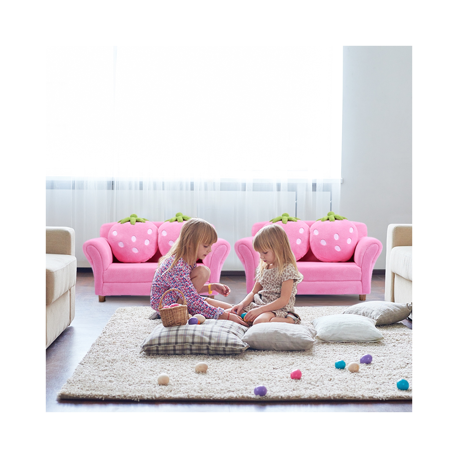 Topbuy Kids Sofa Cute Pink Sofa Strawbwrry Sponge Filler Upholstered Lounge w/ Armrest