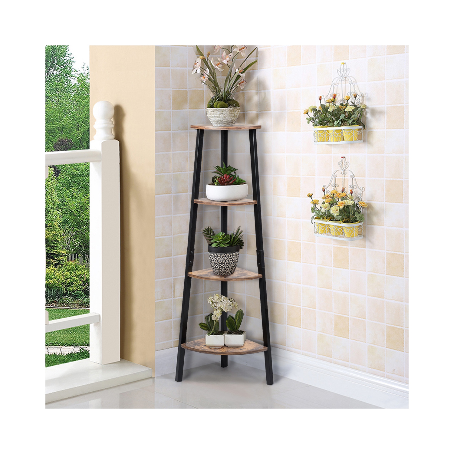 Topbuy 4-Tier Corner Ladder Shelf Industrial Metal Storage Rack Bookcase Display