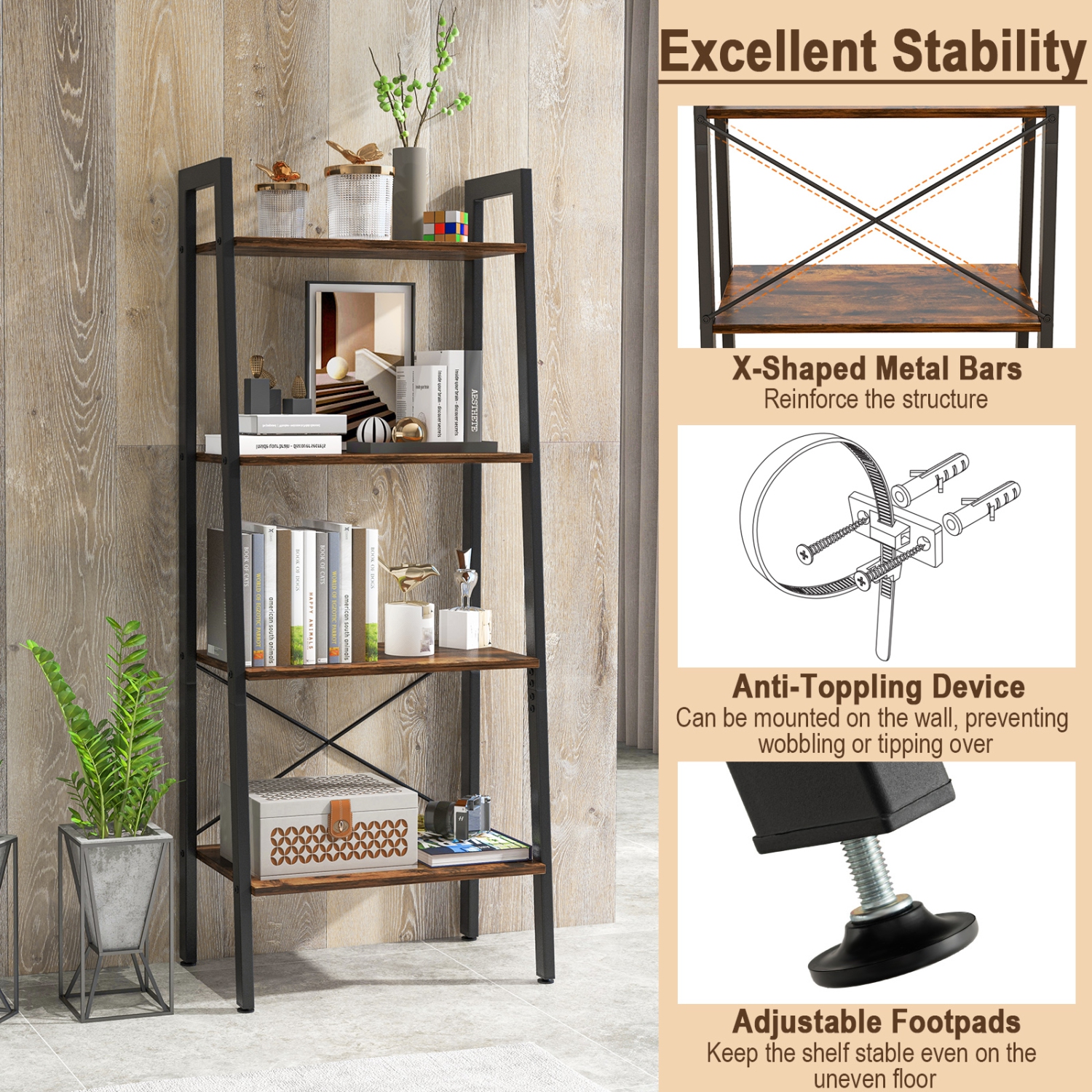 Topbuy 4-Tier Ladder Storage Rack Bookcase Display Shelves Plant Stand