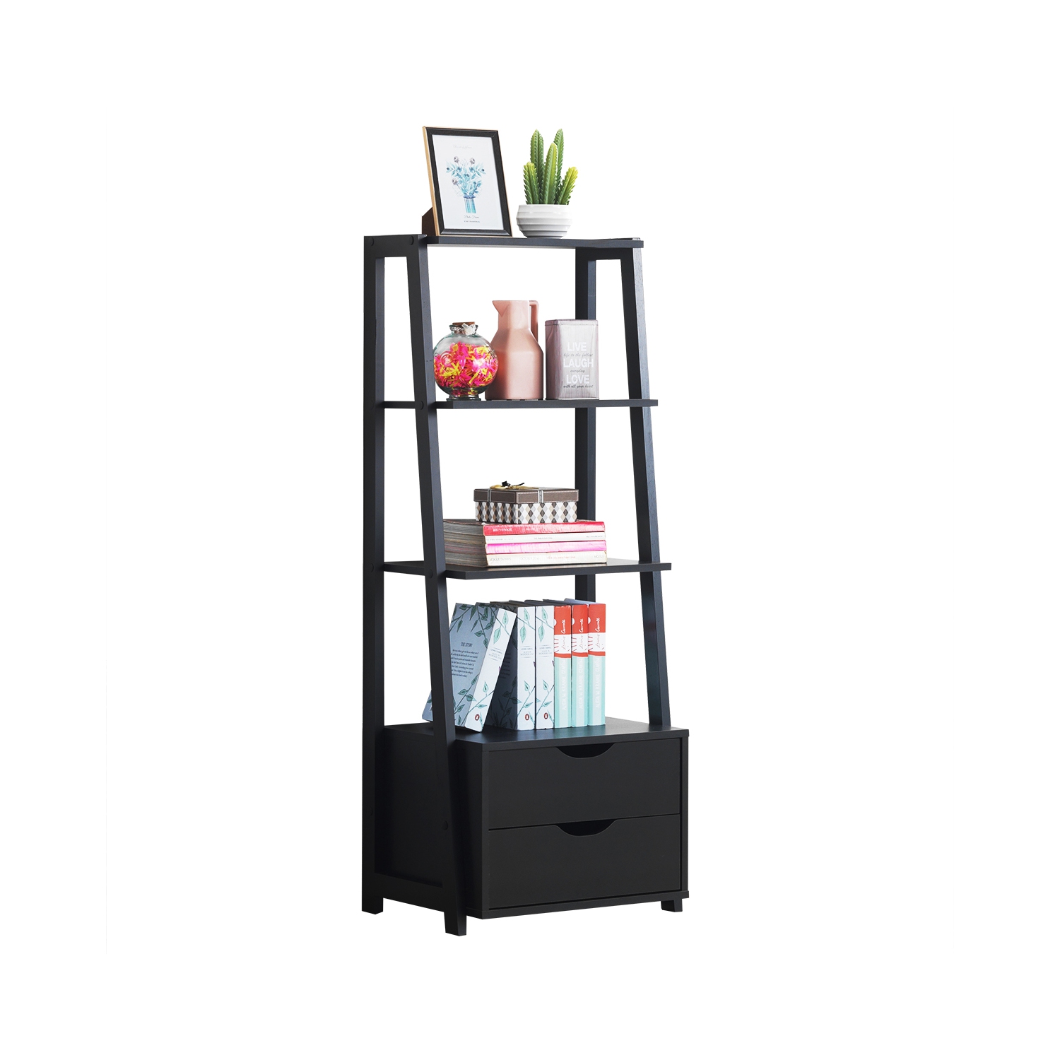 Topbuy Set of 2 Ladder Bookcase 4-Tier Storage Bookshelf with Drawers