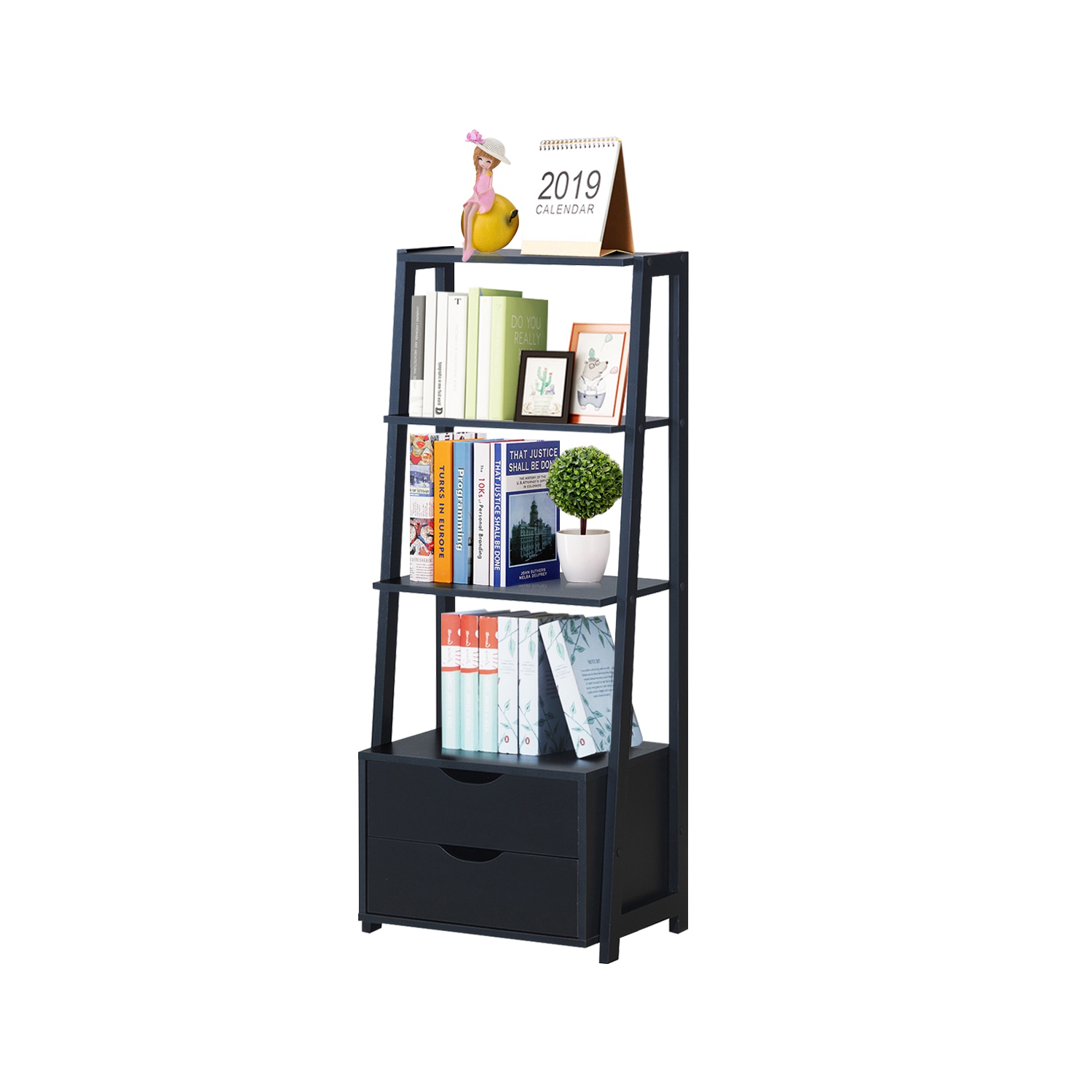 Topbuy Set of 2 Ladder Bookcase 4-Tier Storage Bookshelf with Drawers