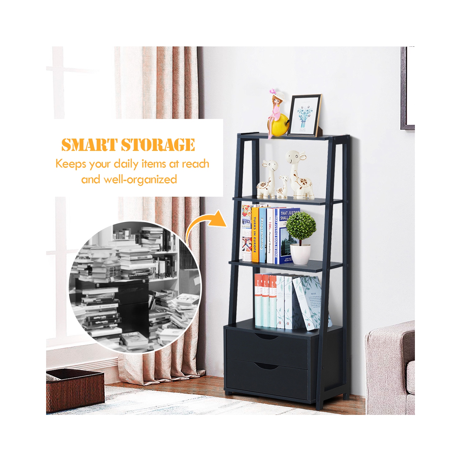 Topbuy Set of 2 Ladder Bookcase 4-Tier Storage Bookshelf with Drawers