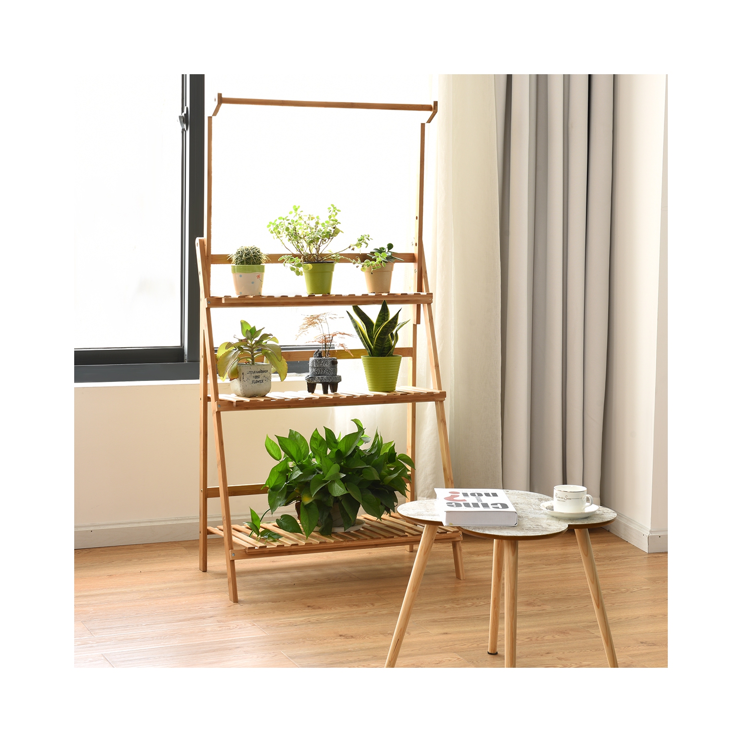 Topbuy 3 Tier Bamboo Hanging Folding Plant Shelf Stand Flower Pot ...