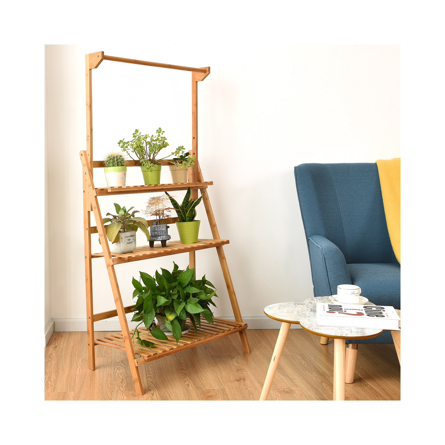 Topbuy 3 Tier Bamboo Hanging Folding Plant Shelf Stand Flower Pot ...