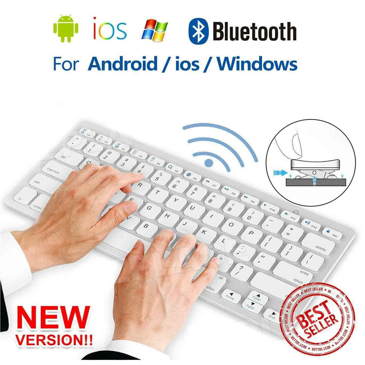 Wireless Multi-Device Keyboard for Windows, iOS Android or Chrome, Wireless Bluetooth, Compact Space-Saving Design, PC/Mac/Laptop/Smartphone/Tablet- White