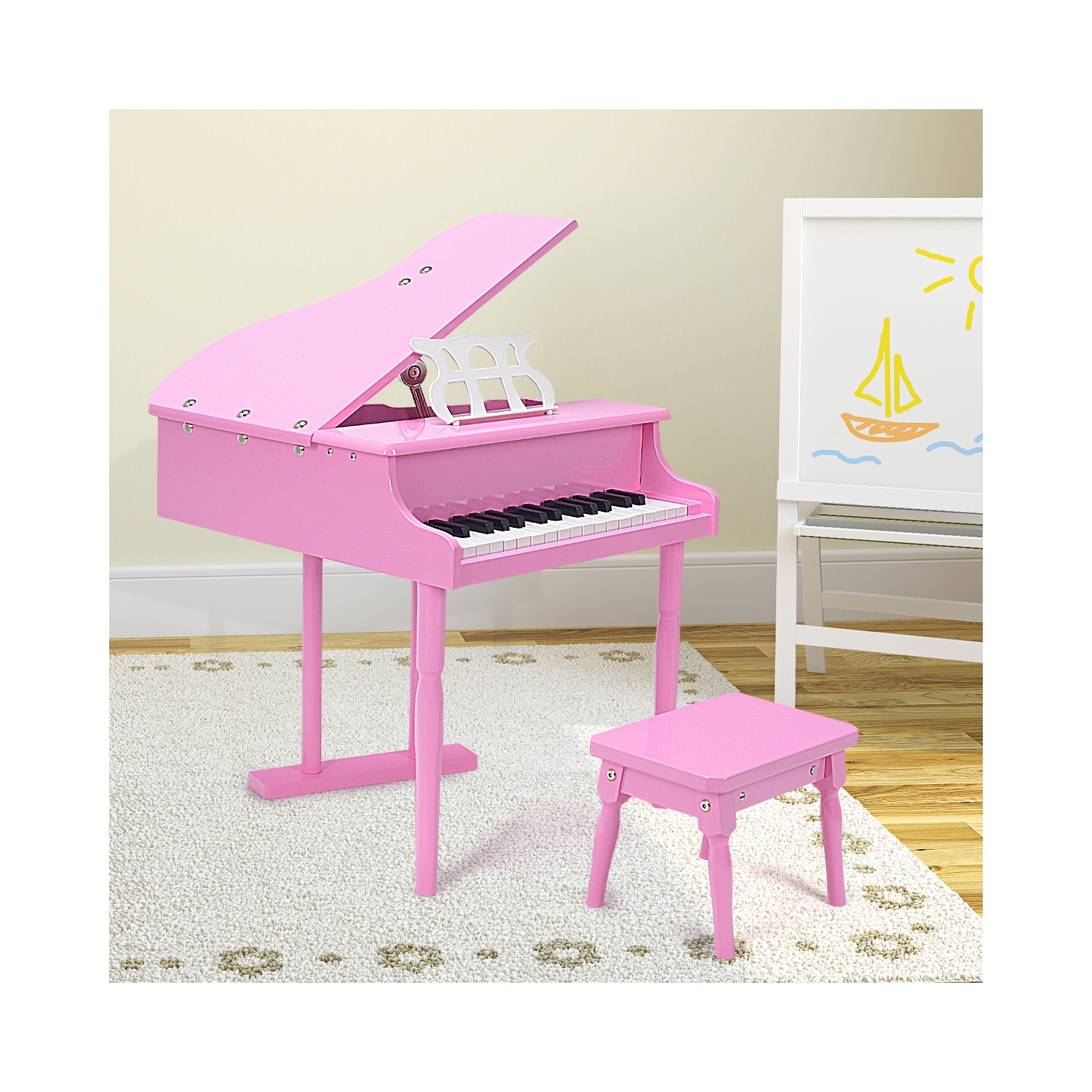 Classical Kids Piano 30 Keys Wood Toy Mini Grand Piano with Bench Pink/Black