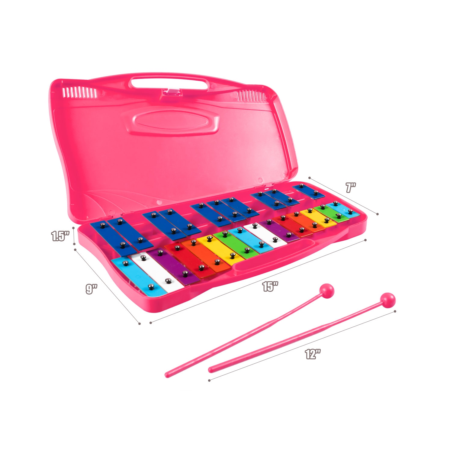 TopBuy – Xylophone en aluminium chromé à 25 notes avec étui et 2 maillets roses
