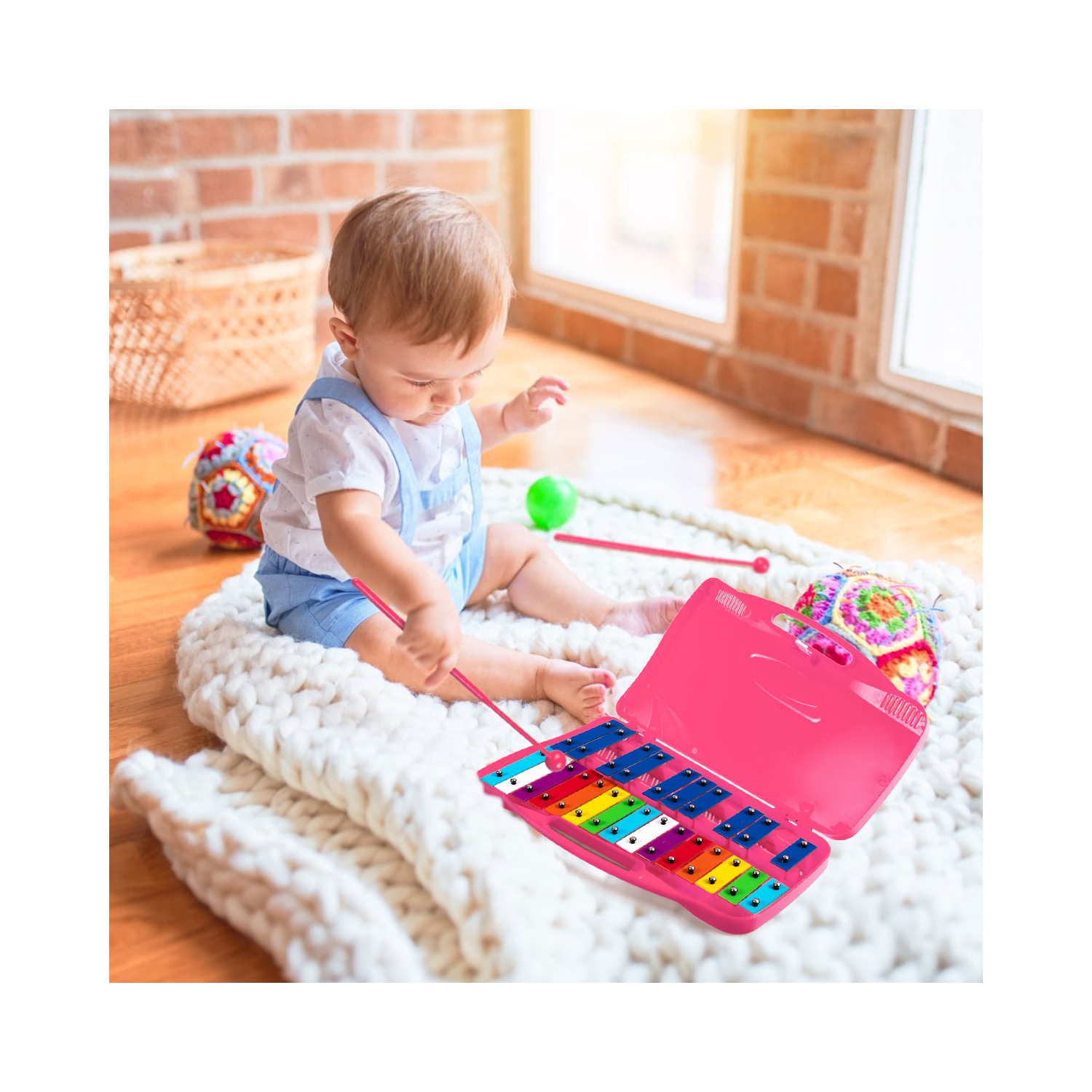 TopBuy – Xylophone en aluminium chromé à 25 notes avec étui et 2 maillets roses