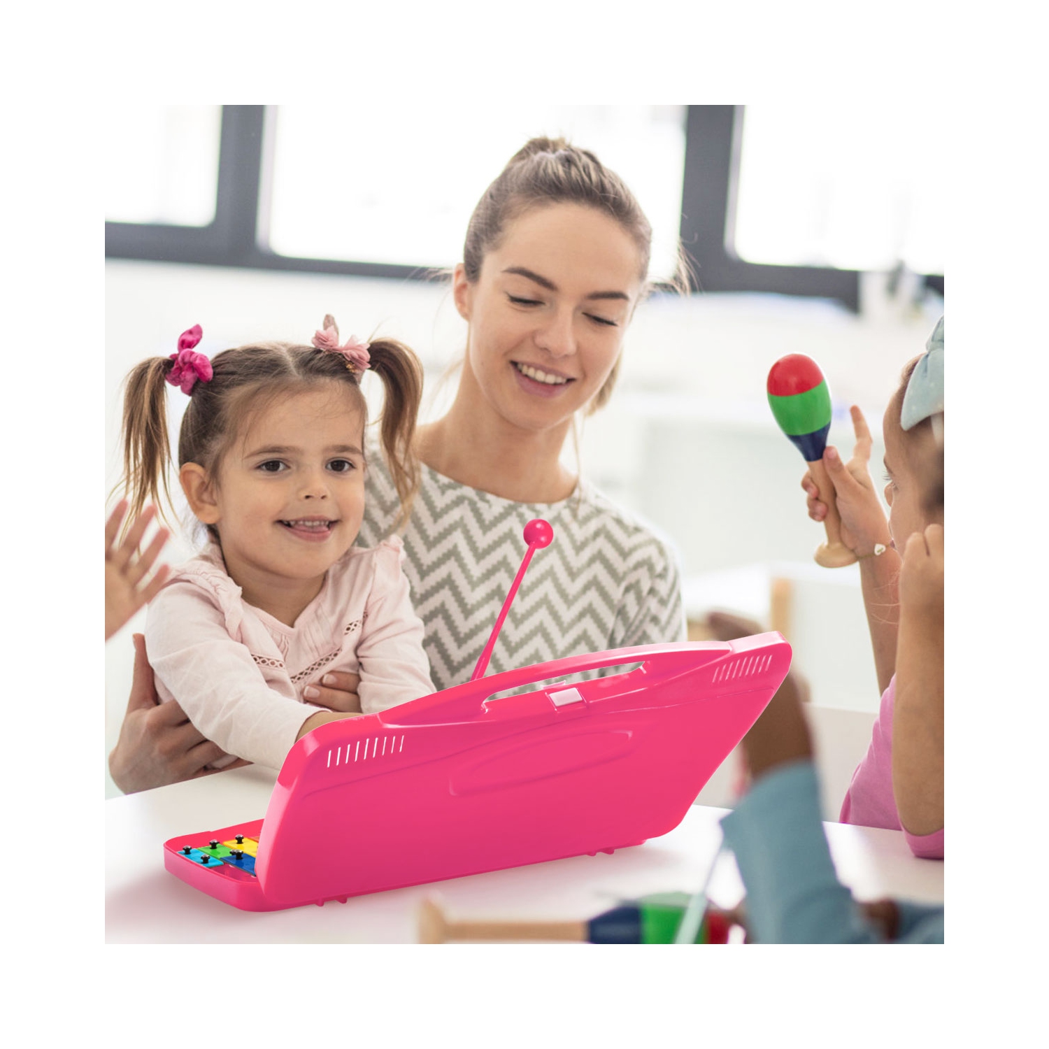 TopBuy – Xylophone en aluminium chromé à 25 notes avec étui et 2 maillets roses