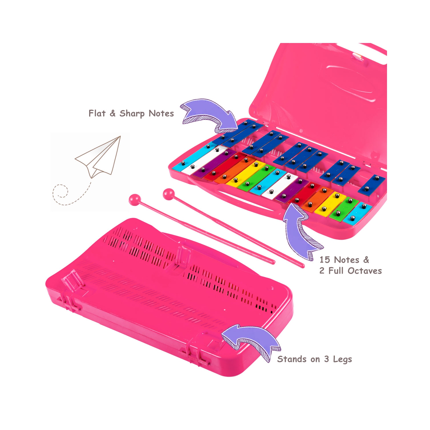 TopBuy – Xylophone en aluminium chromé à 25 notes avec étui et 2 maillets roses