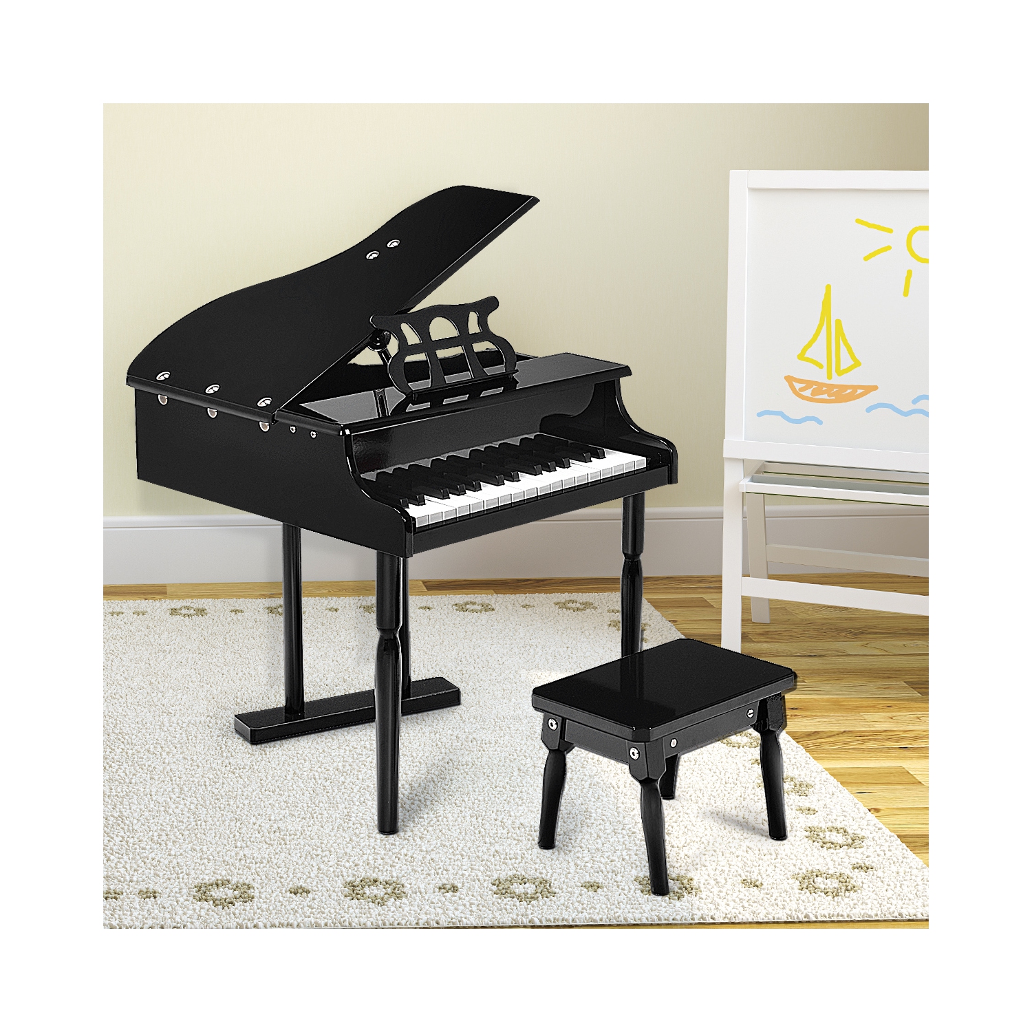 Classical Kids Piano 30 Keys Wood Toy Mini Grand Piano with Bench Pink/Black