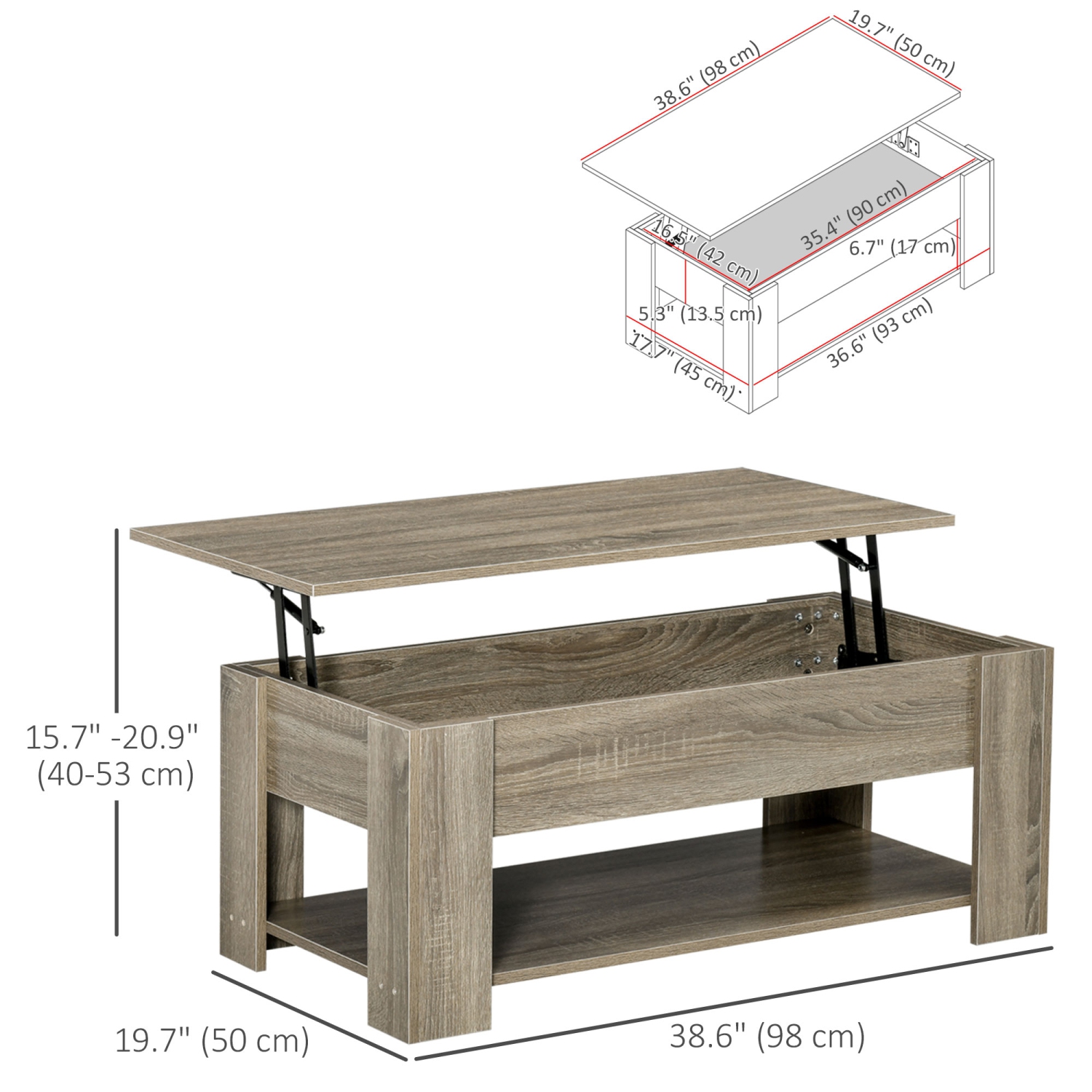 HOMCOM – Table basse à dessus relevable avec compartiment de rangement dissimulé et tablette ouverte, table centrale pour salon, gris