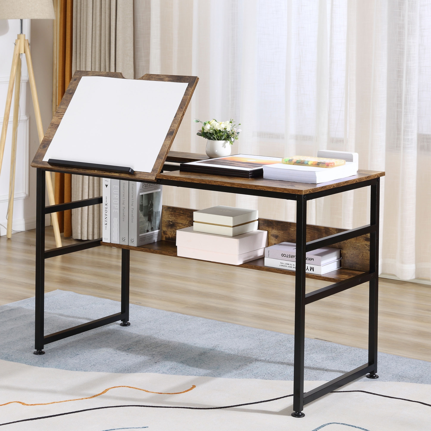 HOMCOM Adjustable Drafting Table Art Desk Drawing Table Craft Desk Workstation for Painting Multifunctional Writing Desk with Tiltable Tabletop and