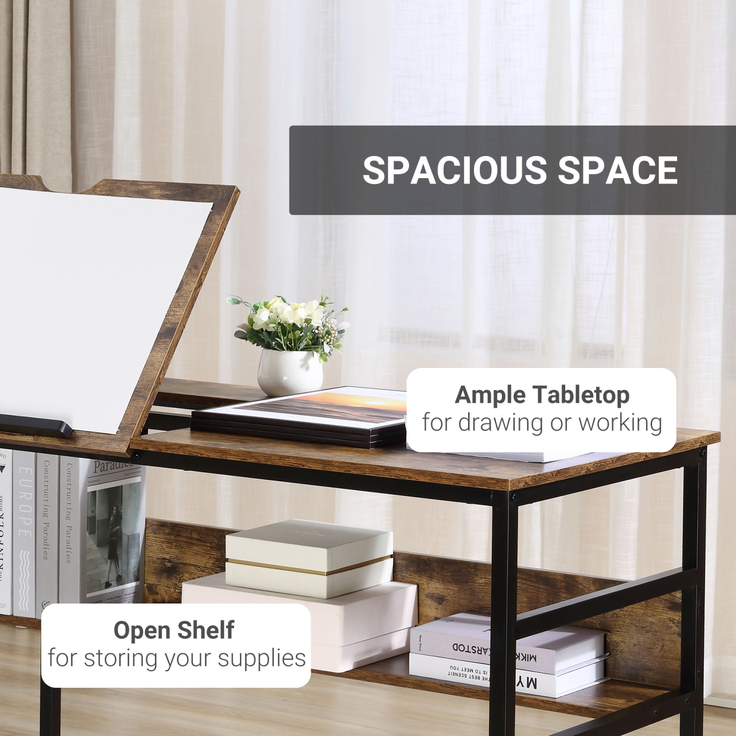 HOMCOM Adjustable Drafting Table Art Desk Drawing Table Craft Desk Workstation for Painting Multifunctional Writing Desk with Tiltable Tabletop and