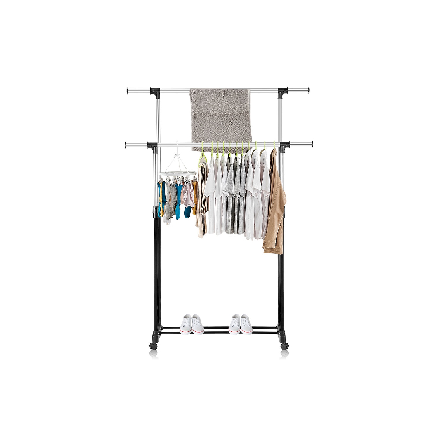 Extendable Double Garment Rack -Adjustable Rolling Clothes Clothing Garment Rack With Wheels