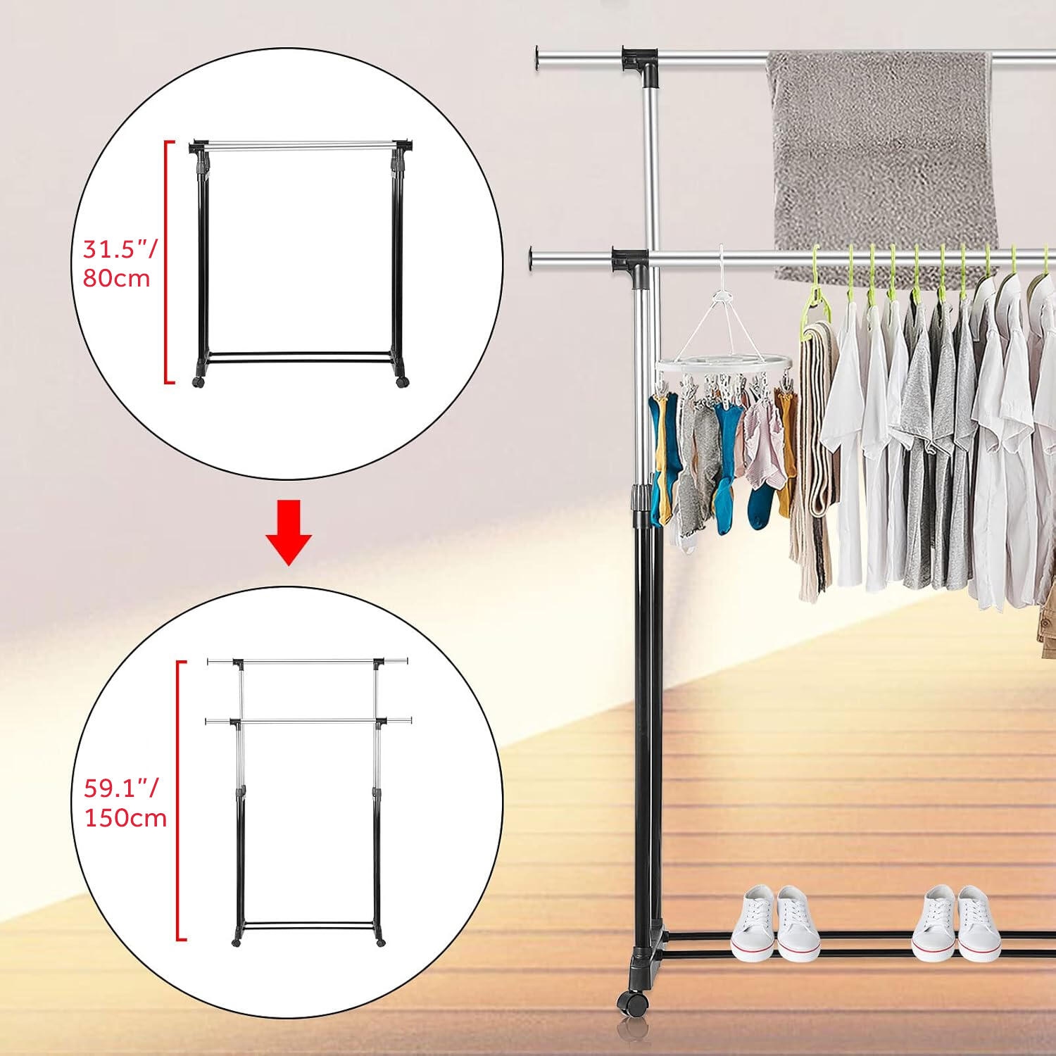 Double Rod Adjustable Garment Rack, Metal Rolling Clothing Clothes Rack for Hanging Clothes