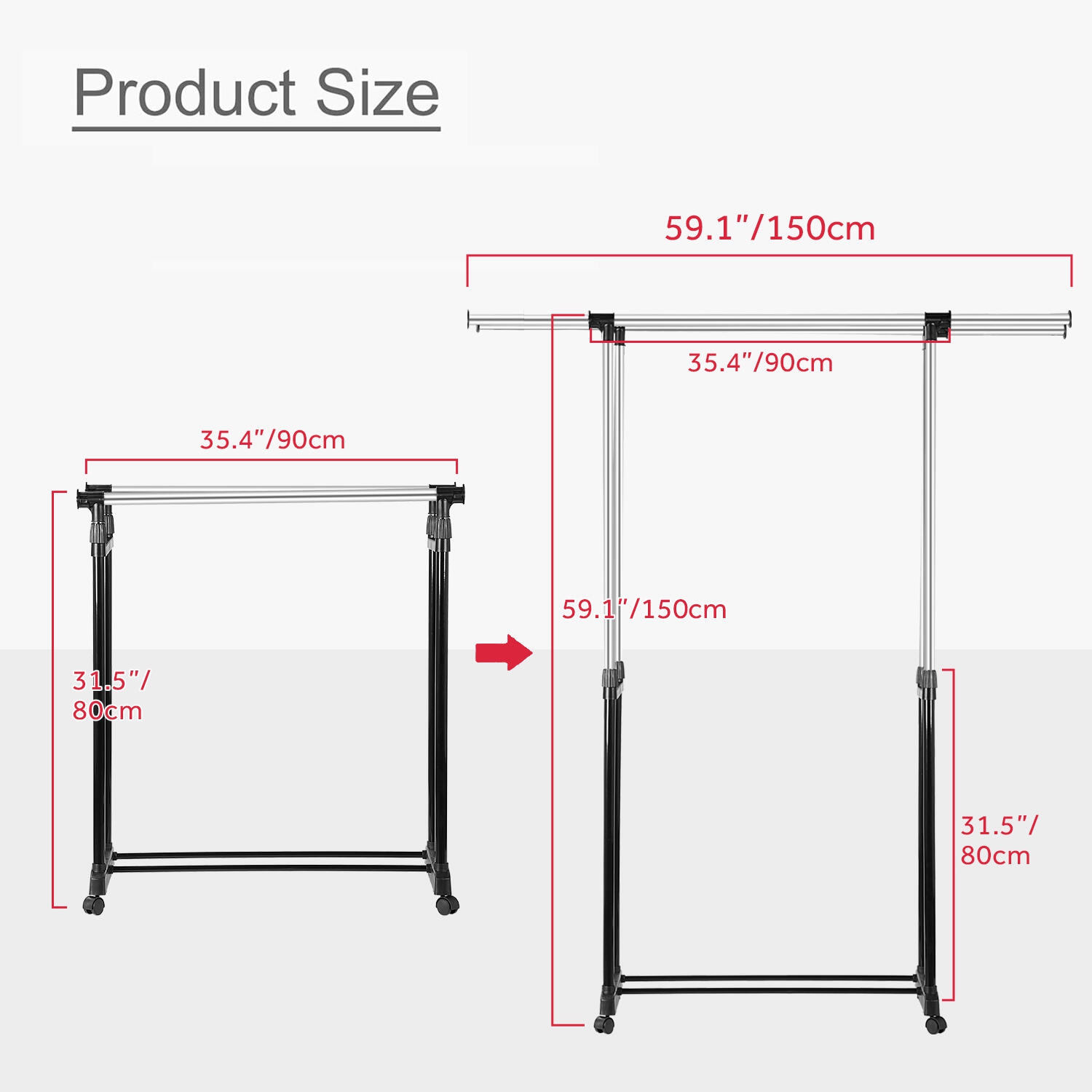 Double Rod Adjustable Garment Rack, Metal Rolling Clothing Clothes Rack for Hanging Clothes