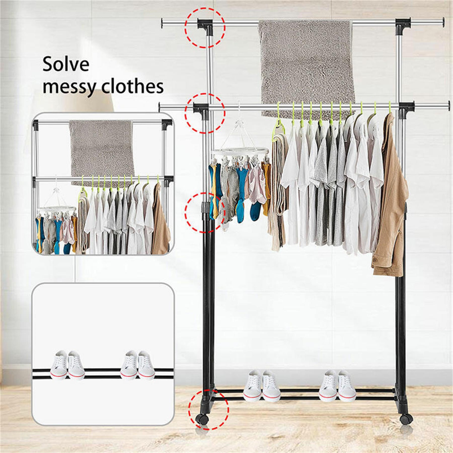 Double Rod Adjustable Garment Rack, Metal Rolling Clothing Clothes Rack for Hanging Clothes