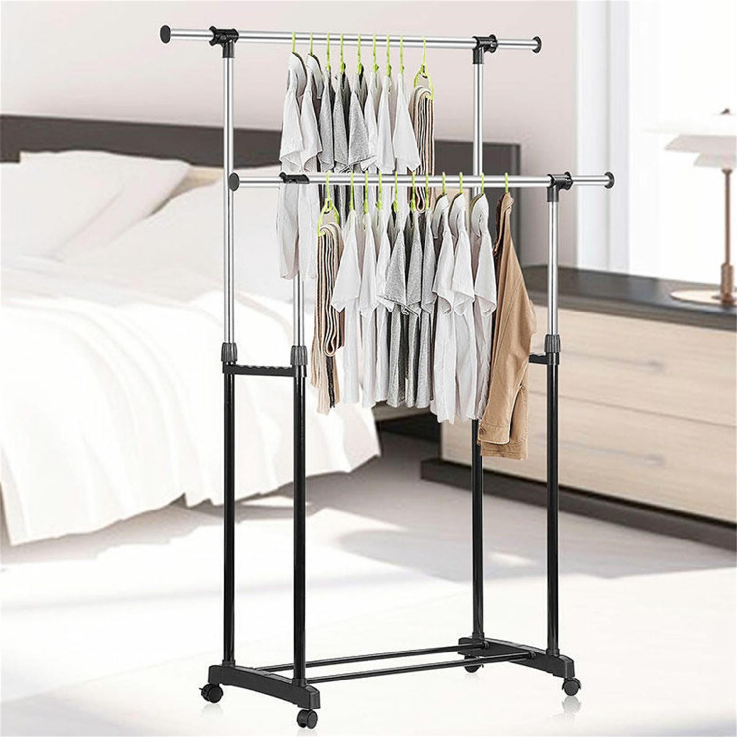 Double Rod Adjustable Garment Rack, Metal Rolling Clothing Clothes Rack for Hanging Clothes