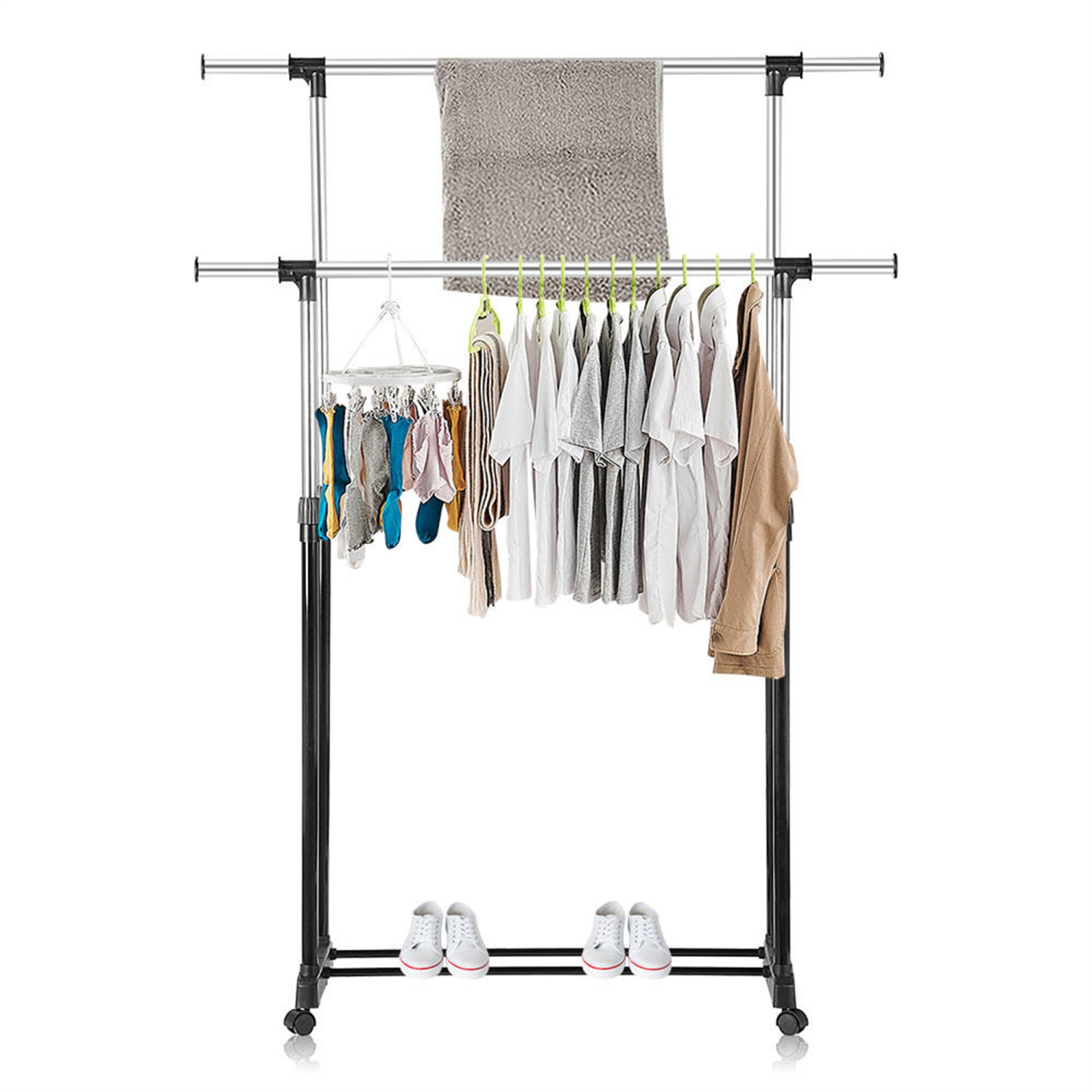 Double Rod Adjustable Garment Rack, Metal Rolling Clothing Clothes Rack for Hanging Clothes