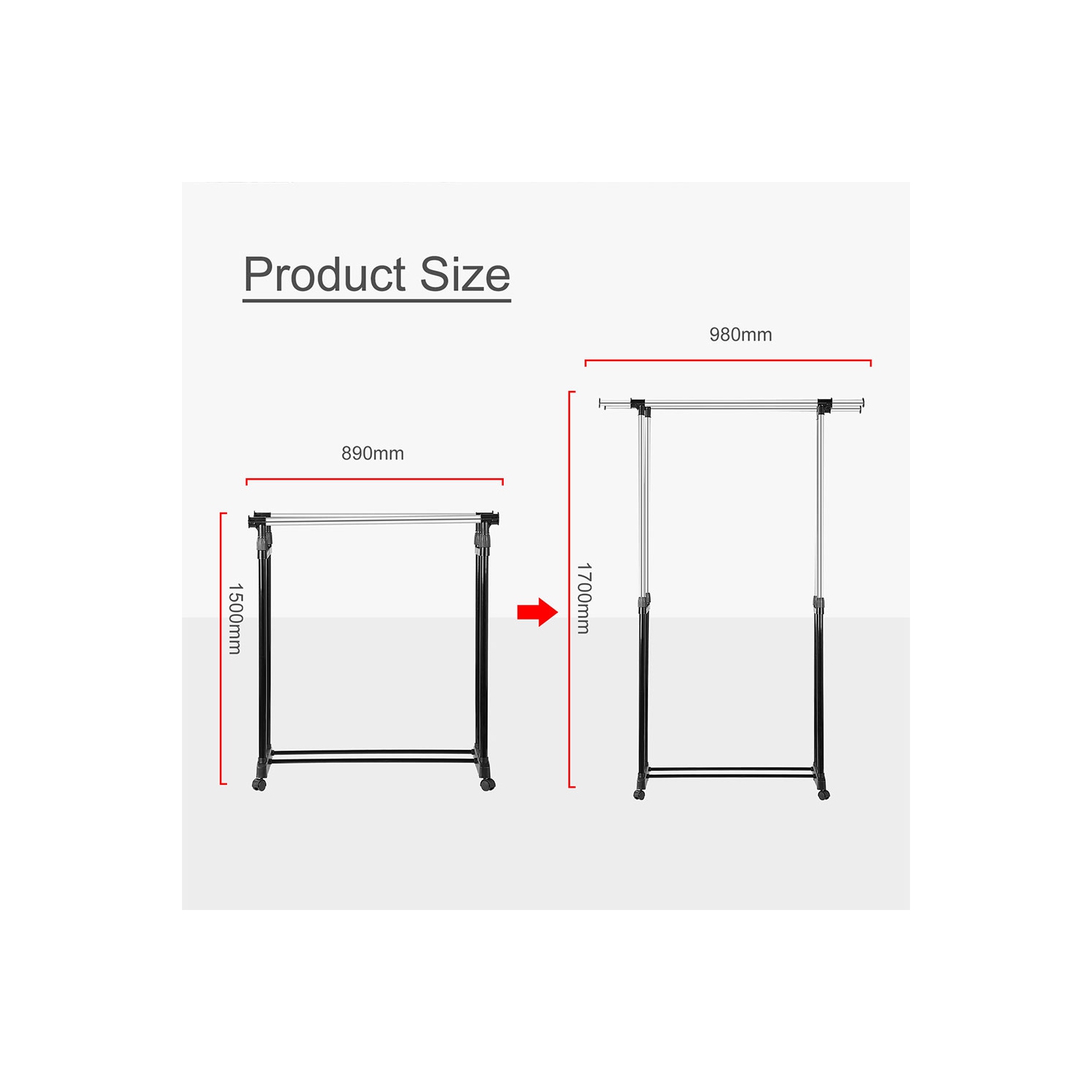 Double Rod Adjustable Garment Rack, Metal Rolling Clothing Clothes Rack for Hanging Clothes