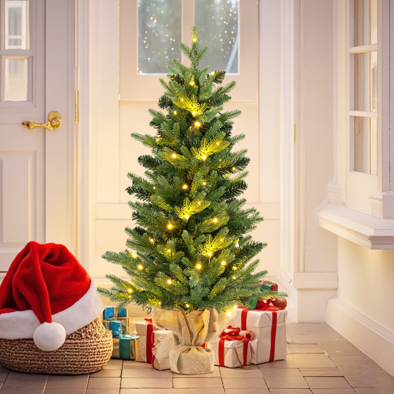 Topbuy 3 FT Pre-lit Artificial Entrance Christmas Tree Small Tabletop Xmas Fir Tree Warm White LED Lights Seasonal Decoration Tree