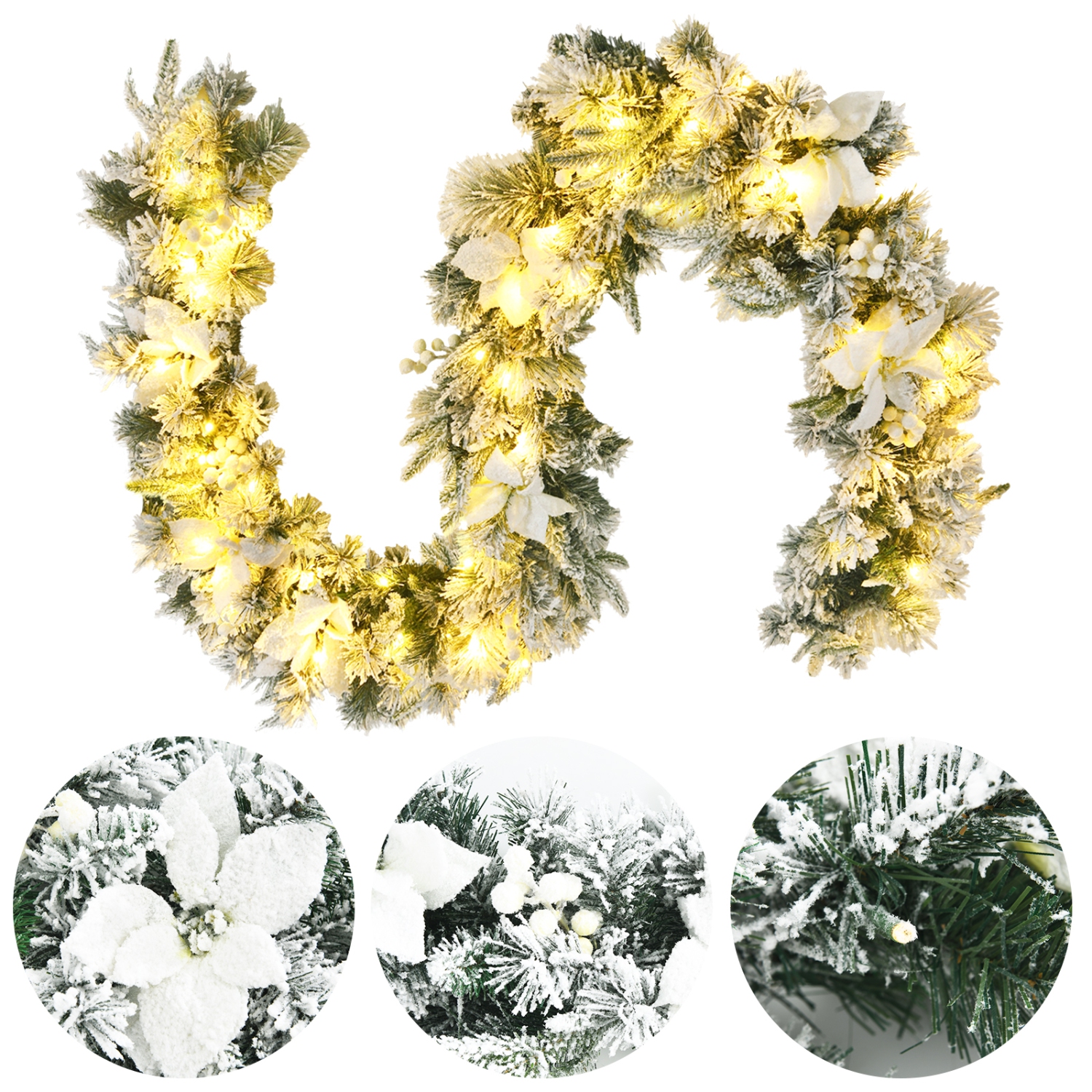 Topbuy 9FT Pre-Lit Flocked Christmas Garland, Lush & Natural Looking Battery Operated 50 Warm White LED Lights