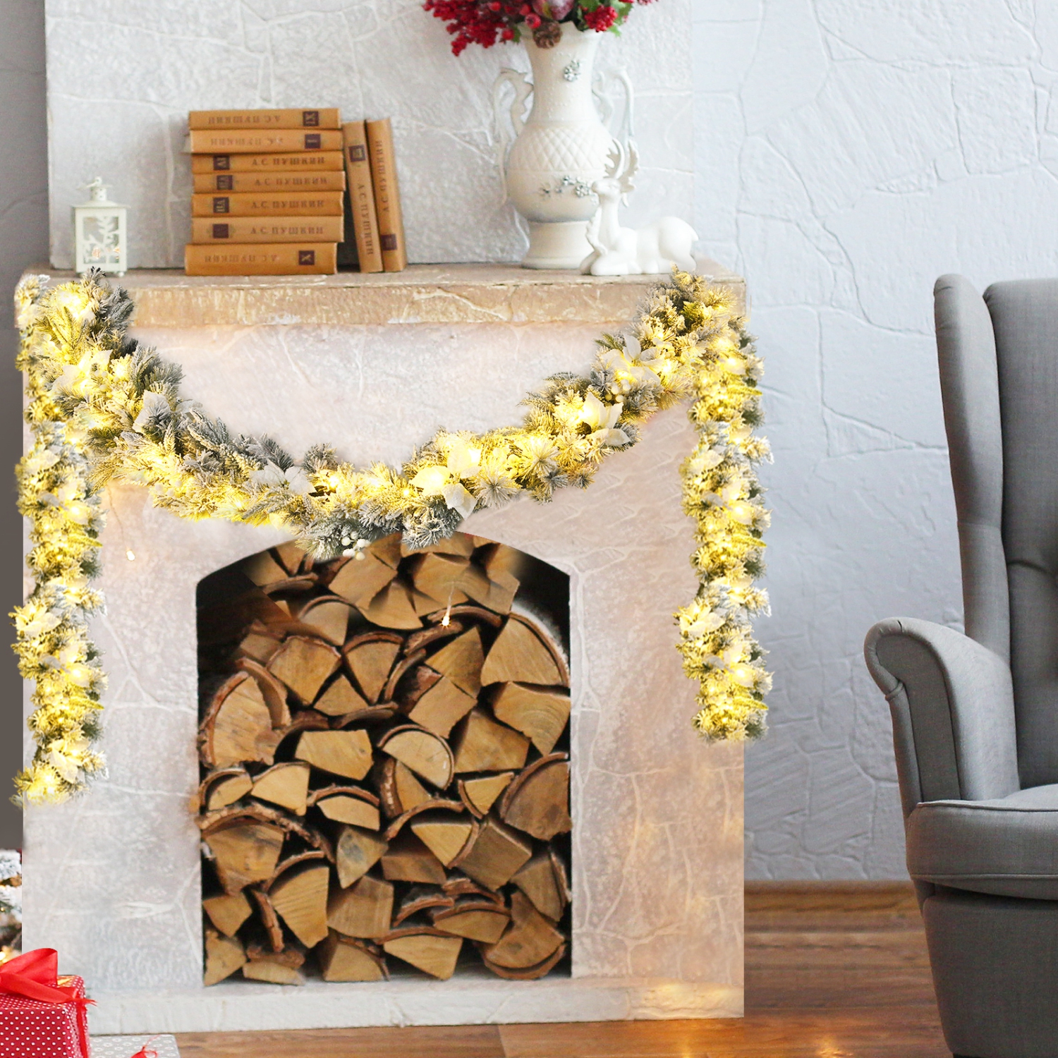 Topbuy 9FT Pre-Lit Flocked Christmas Garland, Lush & Natural Looking Battery Operated 50 Warm White LED Lights