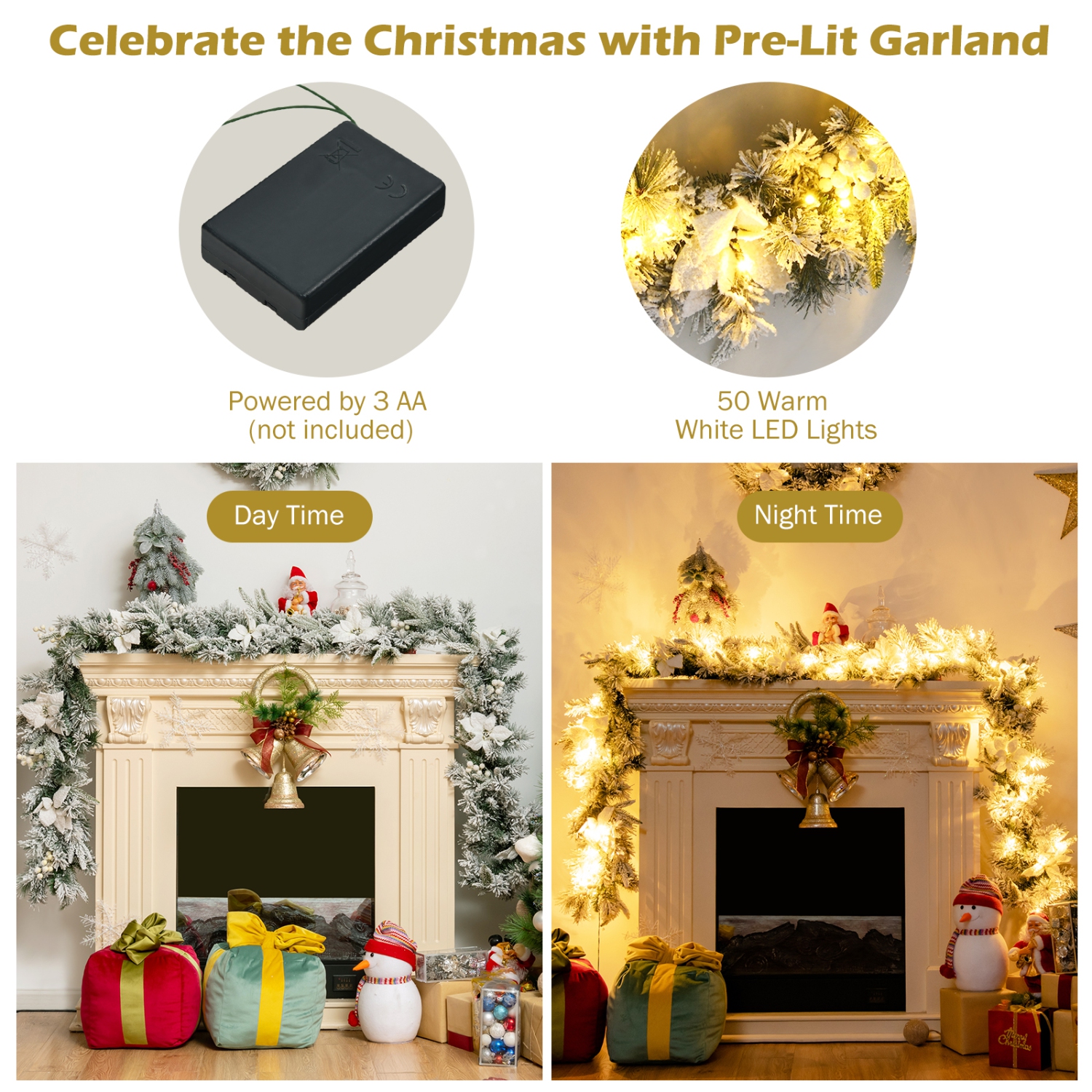 Topbuy 9FT Pre-Lit Flocked Christmas Garland, Lush & Natural Looking Battery Operated 50 Warm White LED Lights