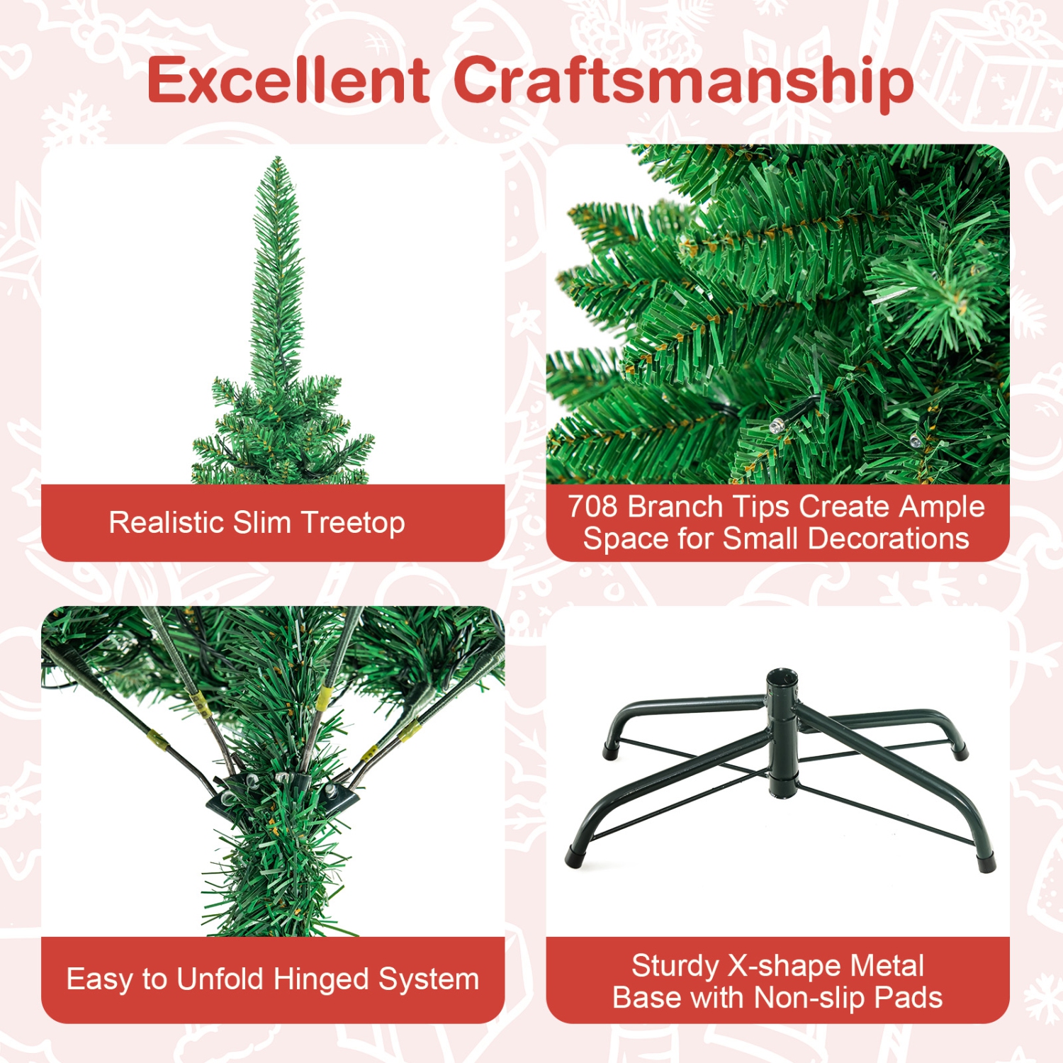 Topbuy 6.5ft Pencil Christmas Tree Pre-Lit Hinged Artificial Decoration w/ 250 Warm White Lights