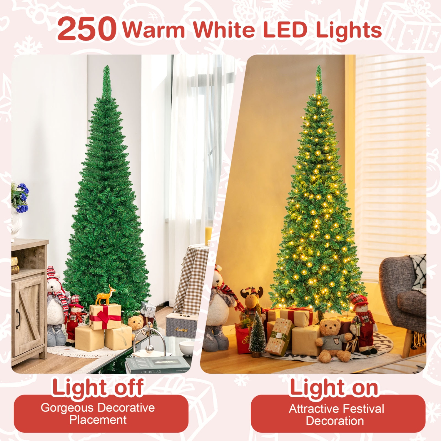 Topbuy 6.5ft Pencil Christmas Tree Pre-Lit Hinged Artificial Decoration w/ 250 Warm White Lights