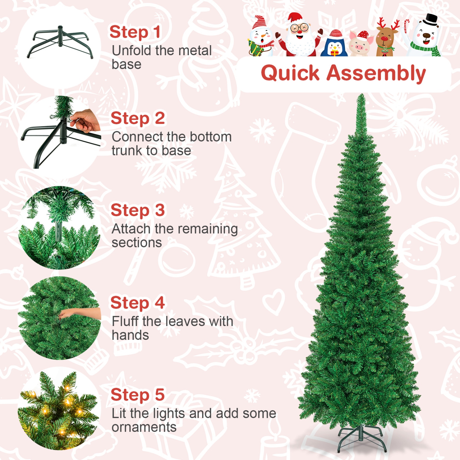 Topbuy 6.5ft Pencil Christmas Tree Pre-Lit Hinged Artificial Decoration w/ 250 Warm White Lights