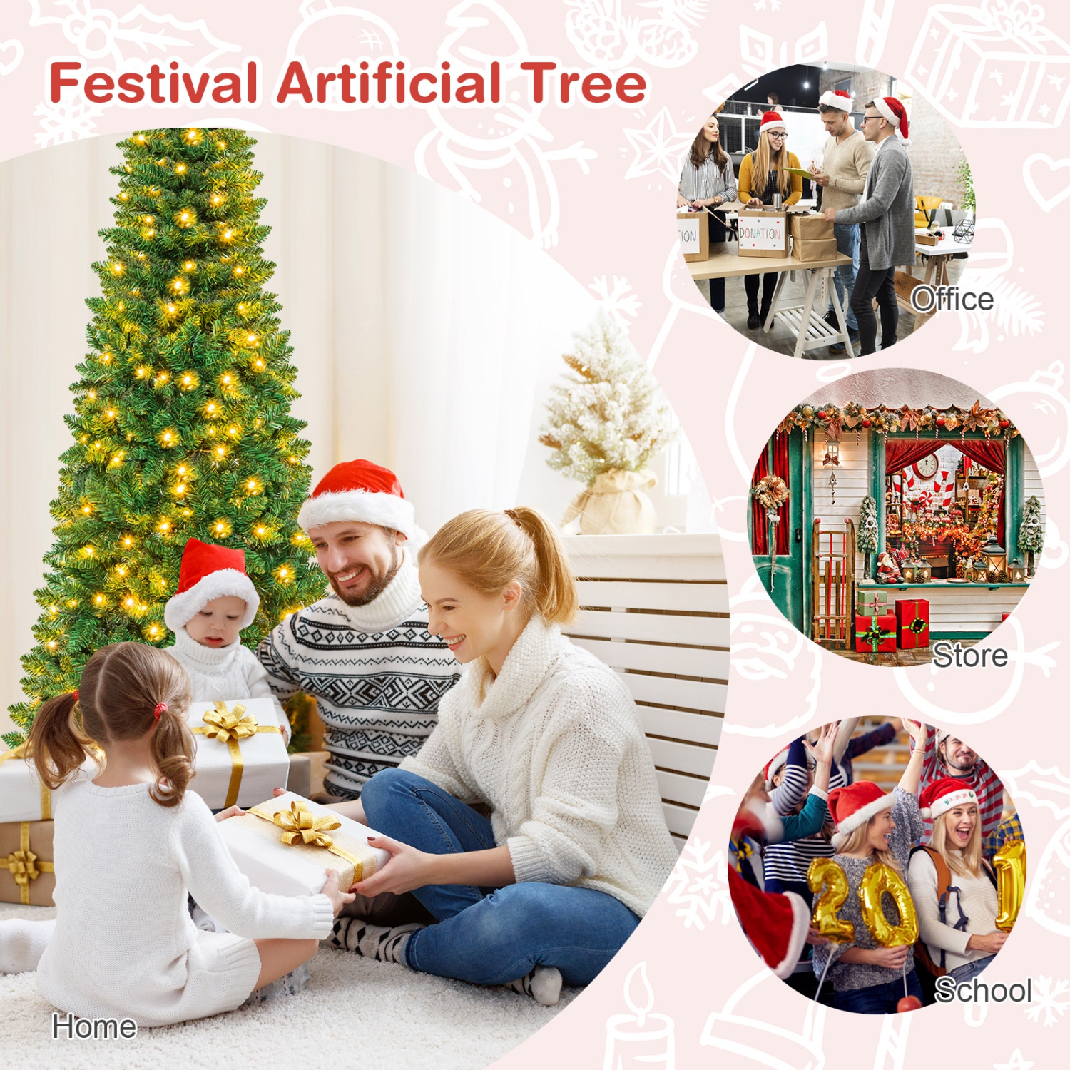 Topbuy 6.5ft Pencil Christmas Tree Pre-Lit Hinged Artificial Decoration w/ 250 Warm White Lights