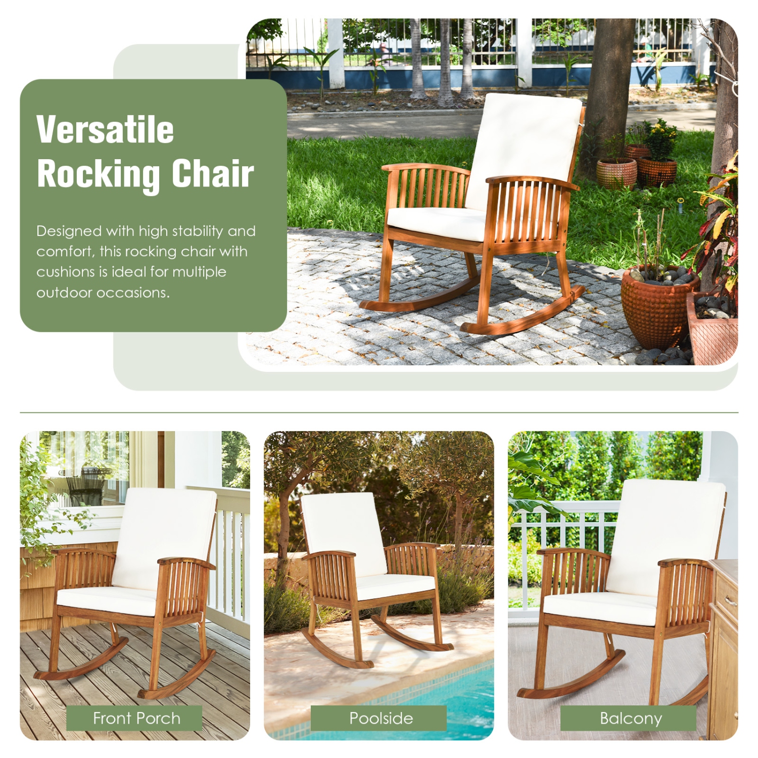 Chaise berçante de patio en bois d’acacia avec coussins de siège et de dossier sécuritaires et confortables