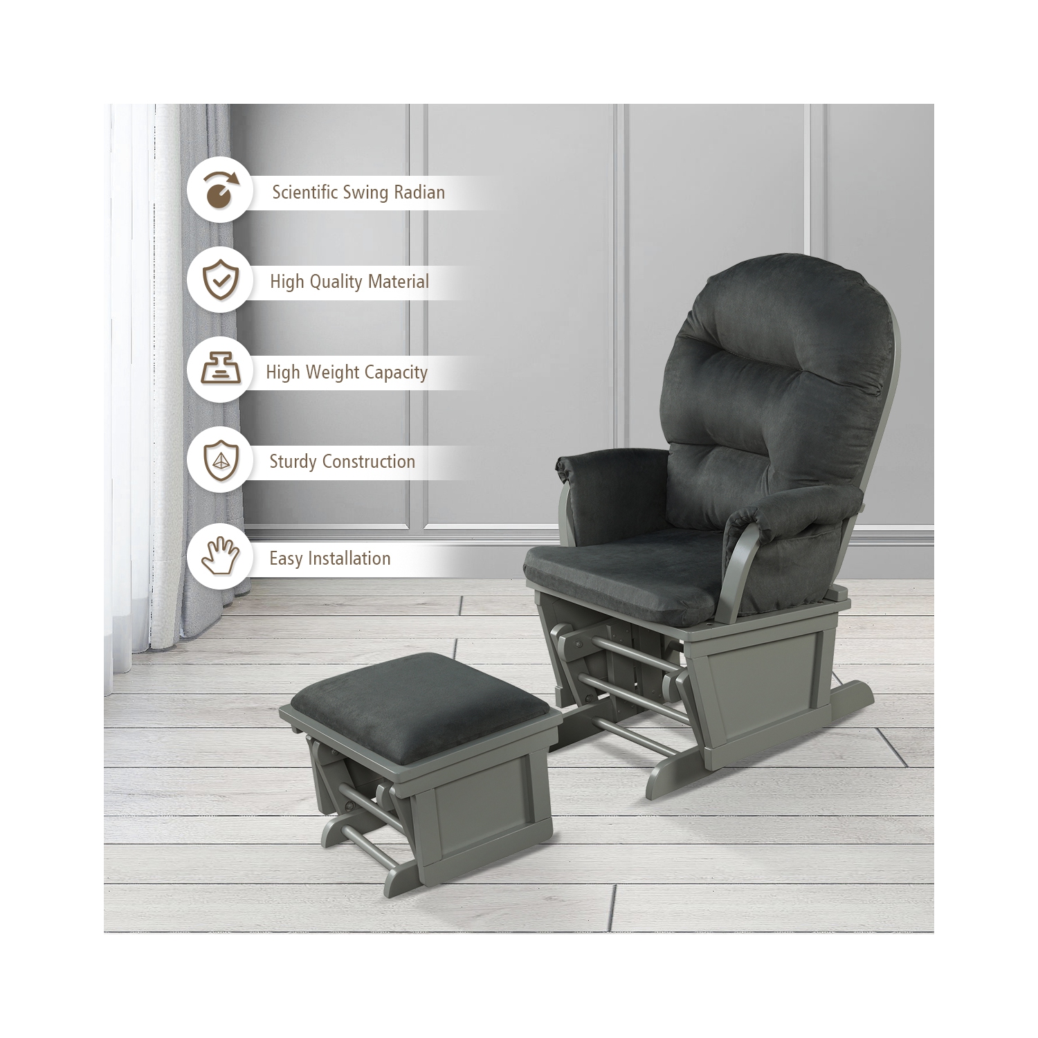 Topbuy Ergonomic Rocking Chair Baby Nursery Chair Glider with Ottoman Light