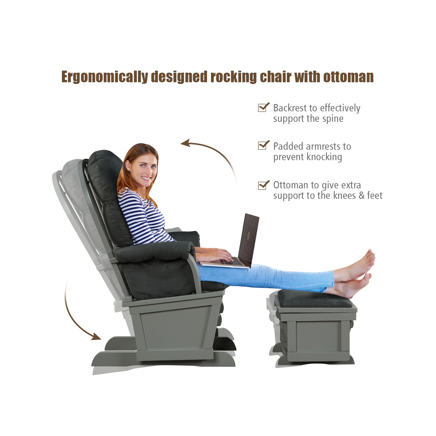 Topbuy Ergonomic Rocking Chair Baby Nursery Chair Glider with Ottoman Light