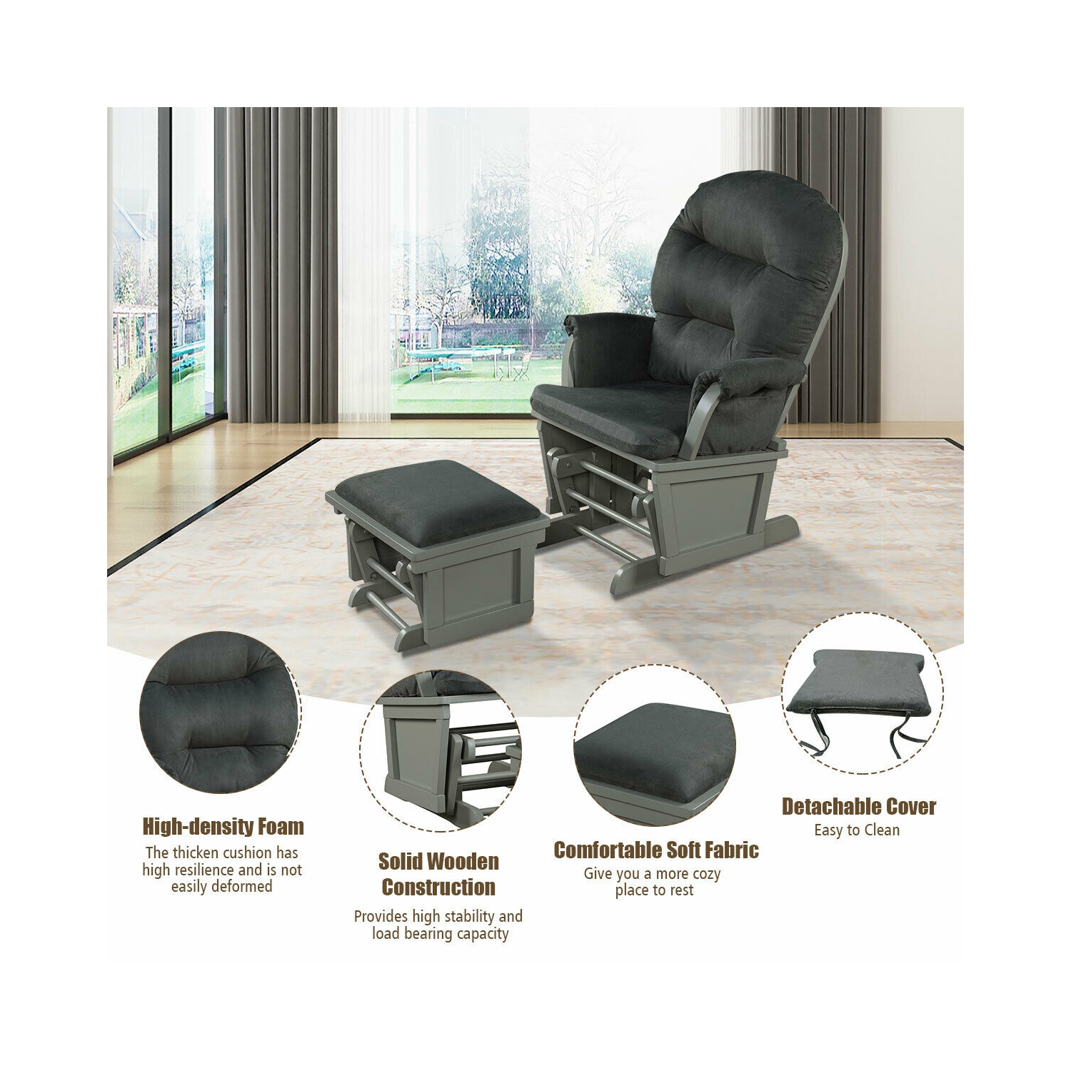 Topbuy Ergonomic Rocking Chair Baby Nursery Chair Glider with Ottoman Light