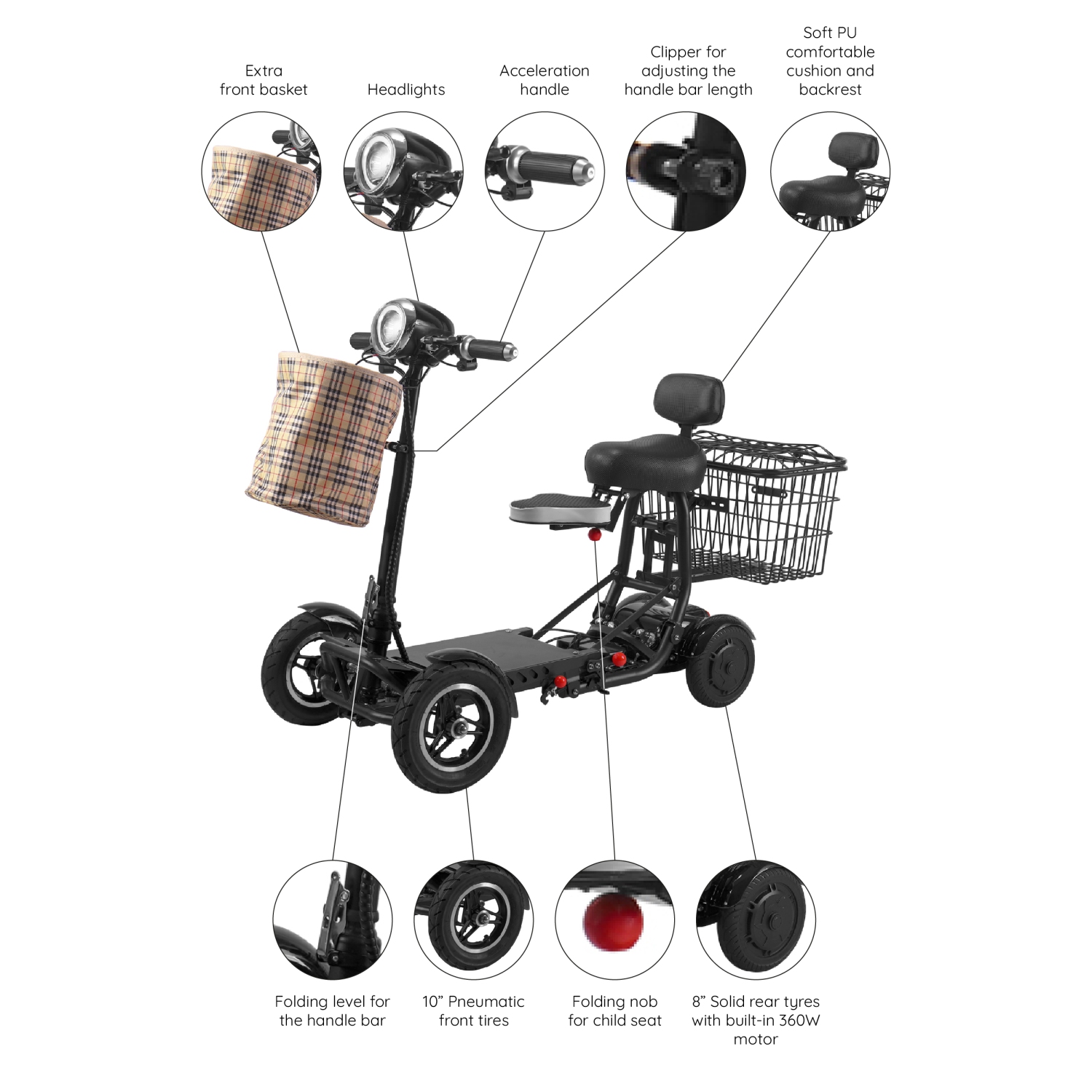 Trottinette électrique légère avec siège pour enfant, 4 roues, tout-terrain, portée maximale de 12 milles, couleur noire