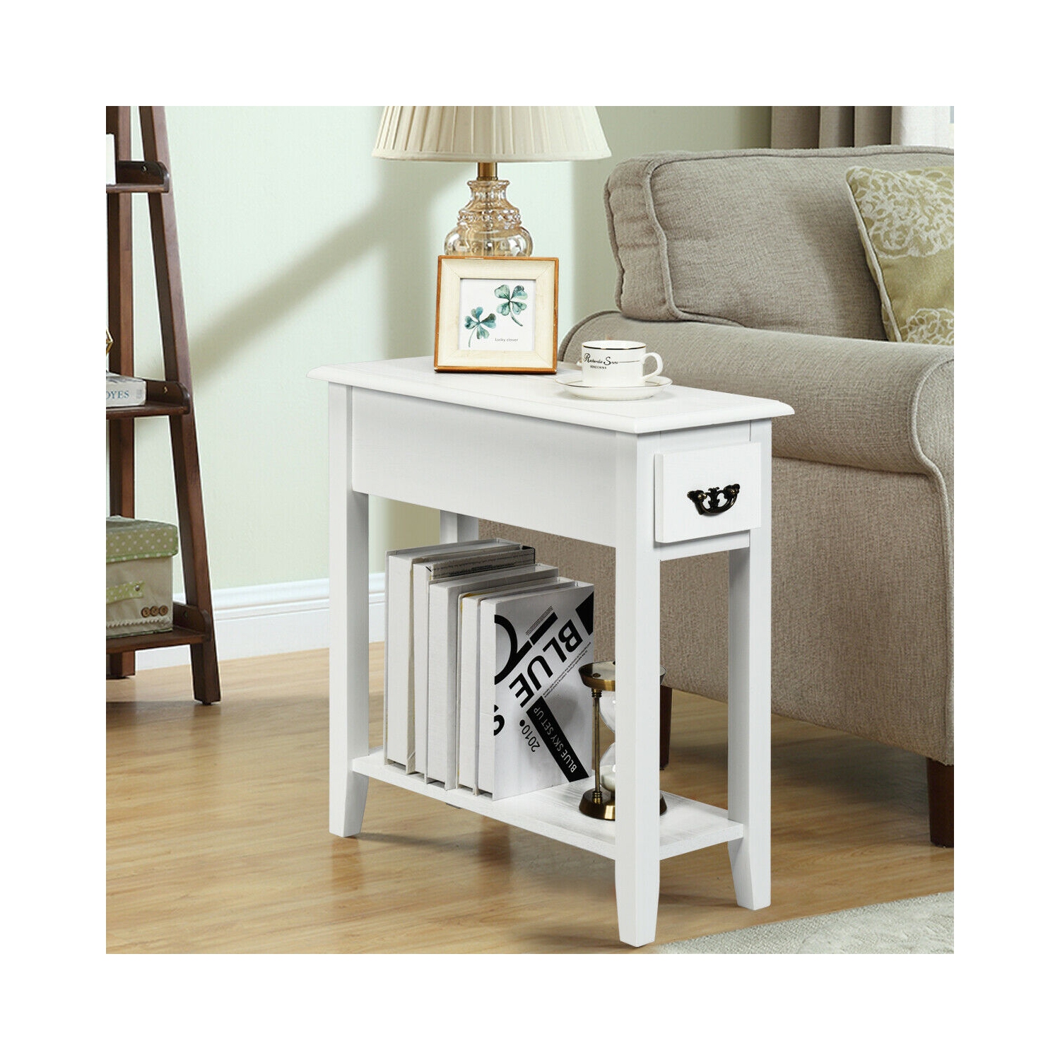 Topbuy White 2 Tier Narrow Nightstand End Bedside Sofa Side Table With Drawer And Shelf