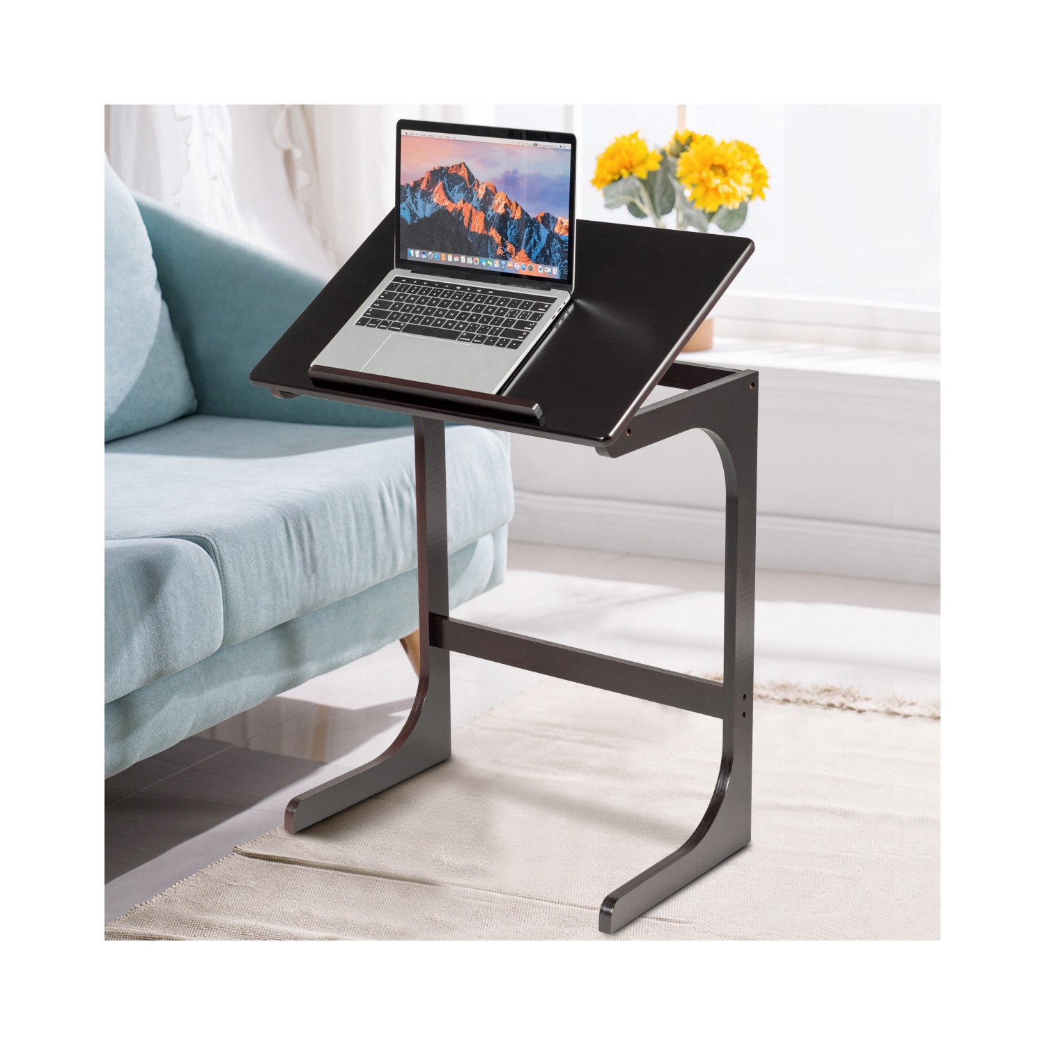 TopBuy – Plateau d’appoint en bambou ajustable à 7 angles avec table d’appoint Table d’appoint portative en C pour la chambre du salon