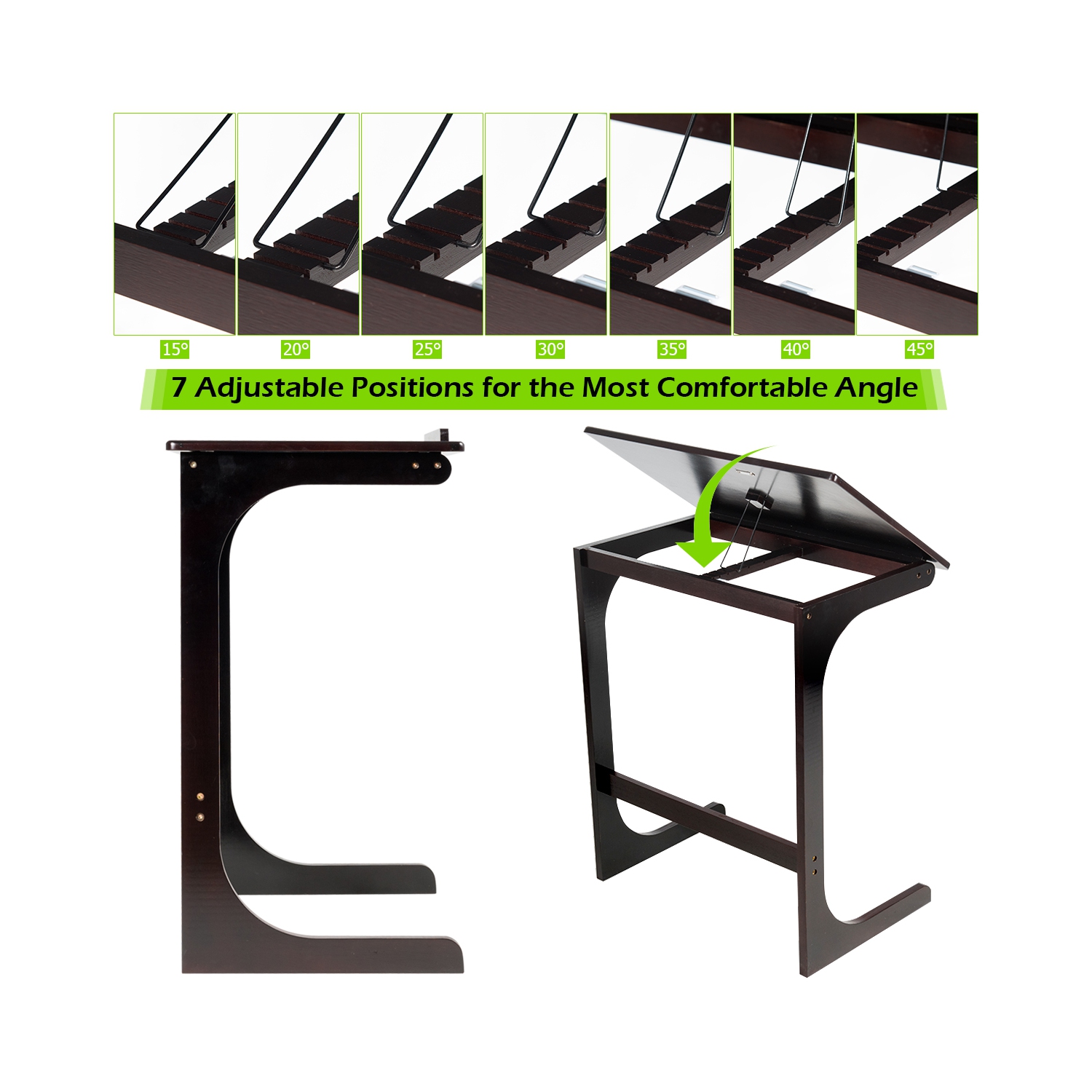 TopBuy – Plateau d’appoint en bambou ajustable à 7 angles avec table d’appoint Table d’appoint portative en C pour la chambre du salon