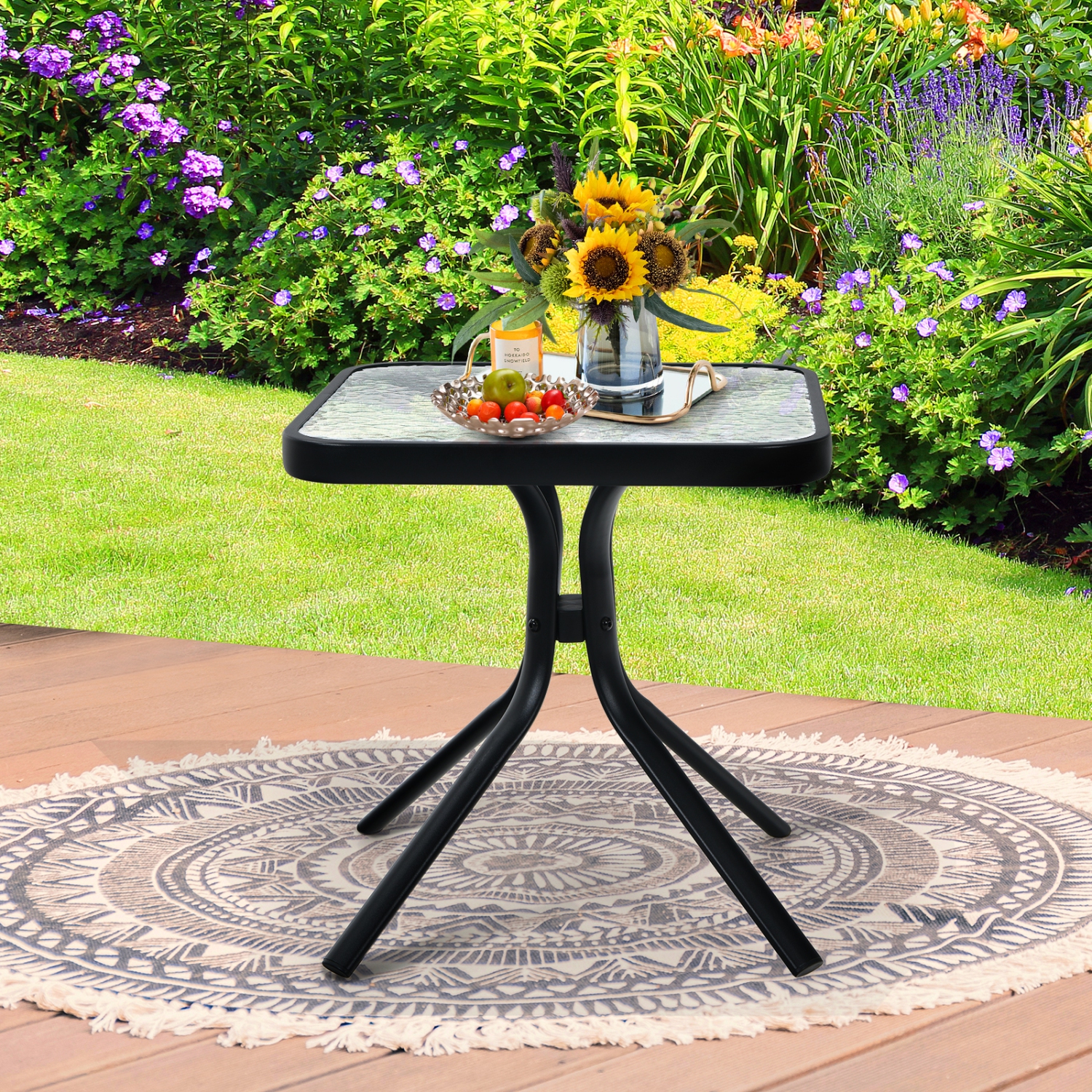 Topbuy Patio End Table Outdoor Metal Square Side Table w/Tempered Glass Tabletop Black