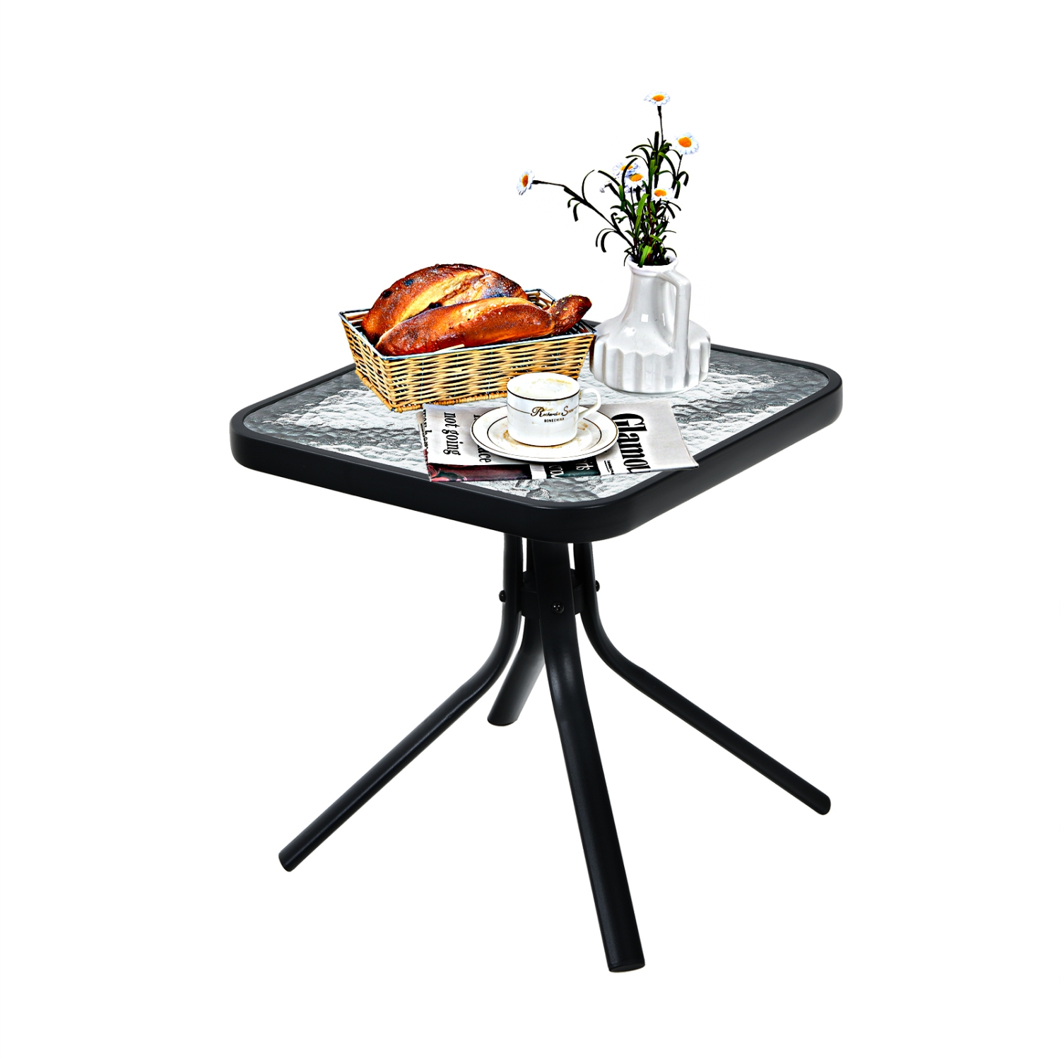 Topbuy Patio End Table Outdoor Metal Square Side Table w/Tempered Glass Tabletop Black