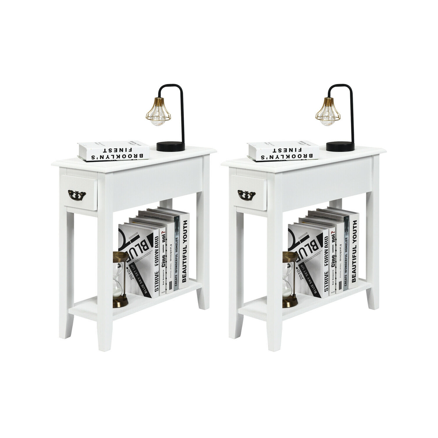 Ensemble de 2 tables de chevet étroites blanches à 2 niveaux avec table de chevet et tiroir TopBuy
