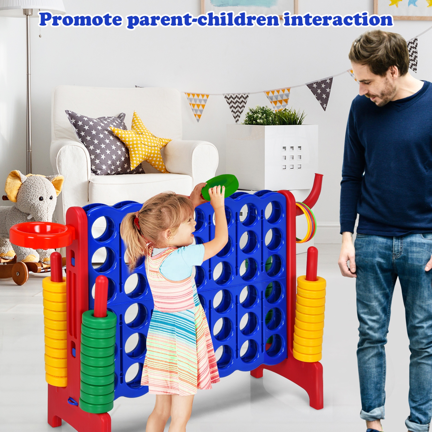 Topbuy 4-to-Score Giant Game Set for Kids Educational Toys with Ring Game and Basketball Hoop Indoor Outdoor