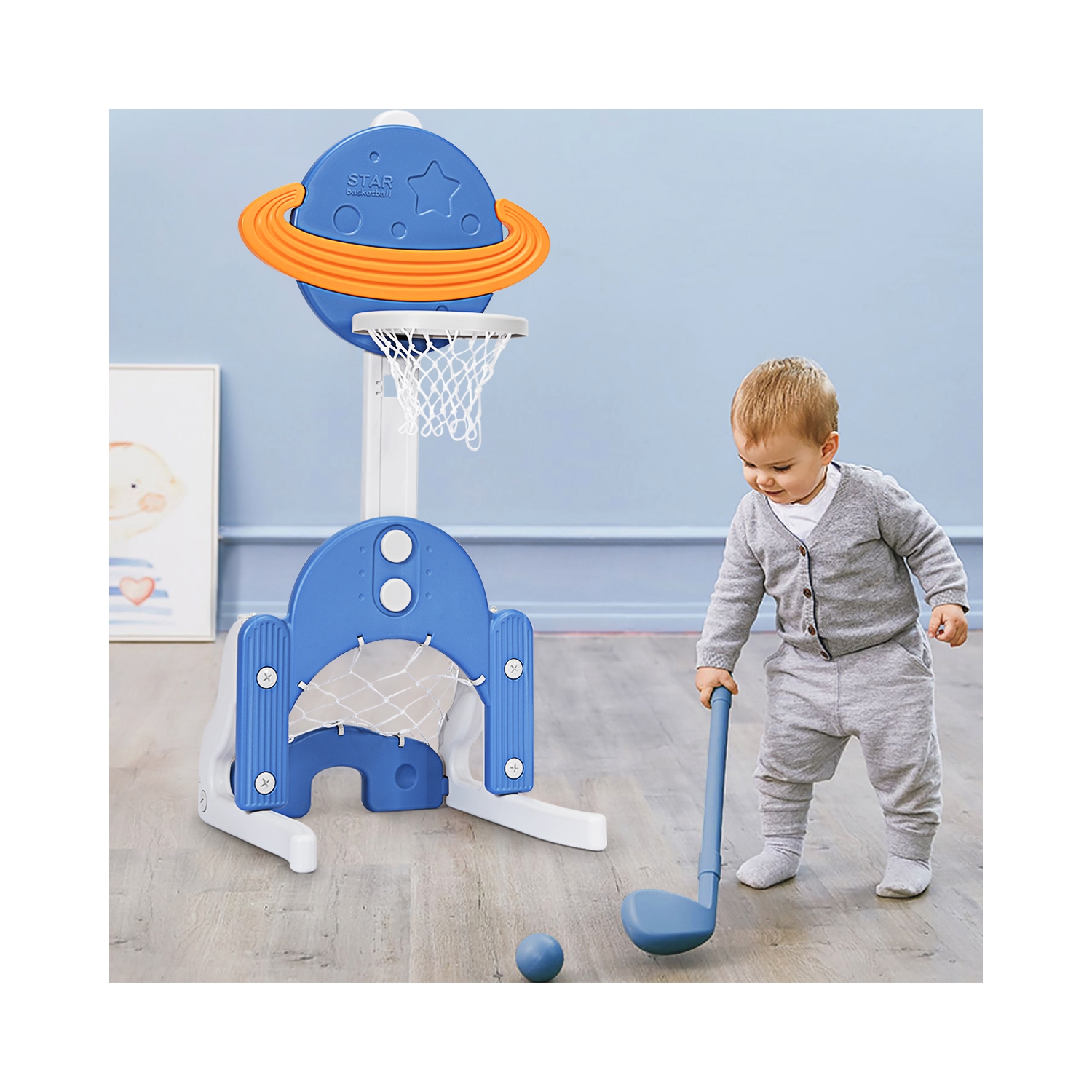 Topbuy 3-in-1 Basketball Hoop Set Stand Toddler Basketball Hoop Game Set Blue